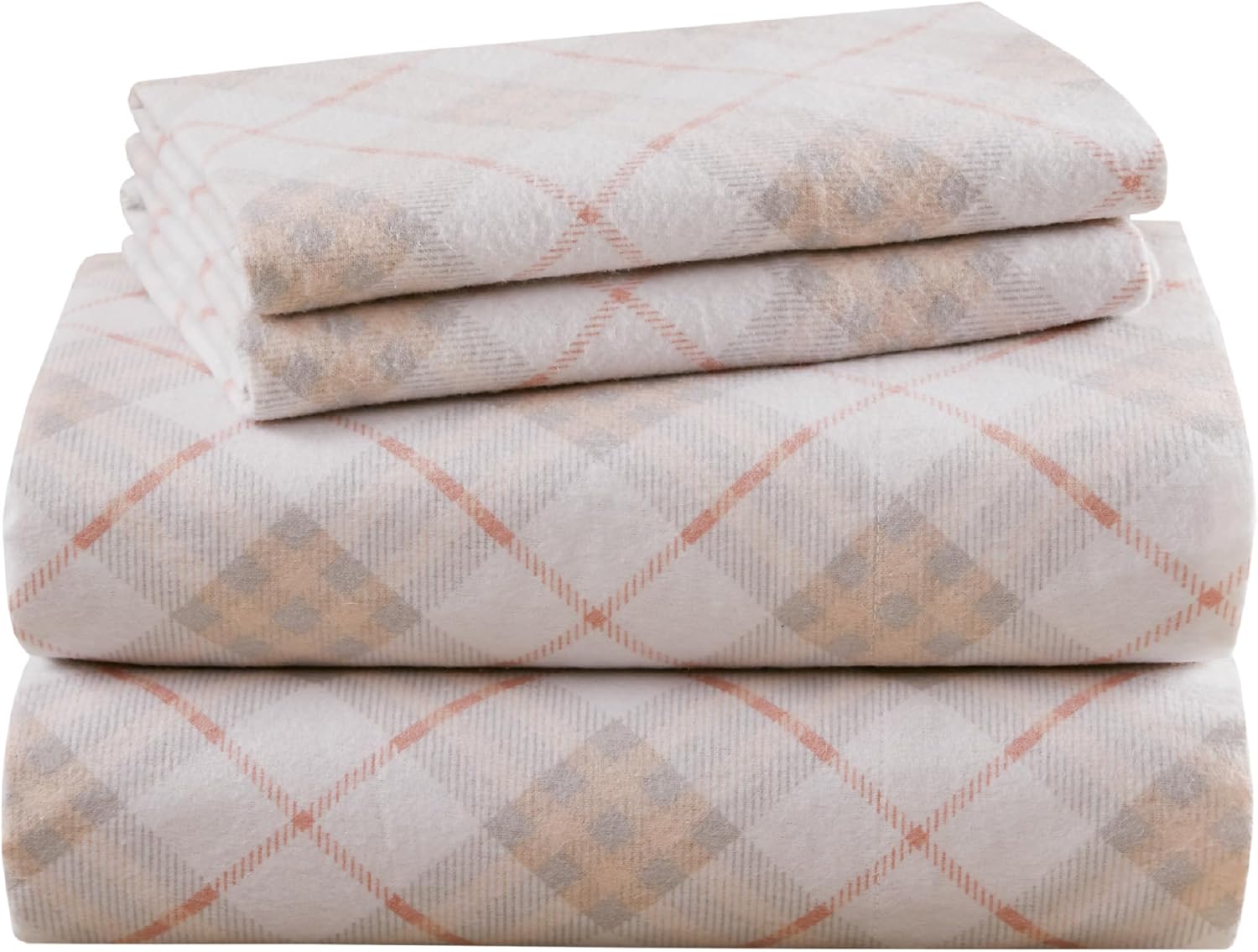 Codi Flannel Sheets Queen Size- 4 Pieces Ultra Soft Warm Sheet Set, Cozy 100% Cotton Pink Plaid Bedsheets, Brushed for Extra Softness, Fall Themed, 14 Inch Deep Pocket