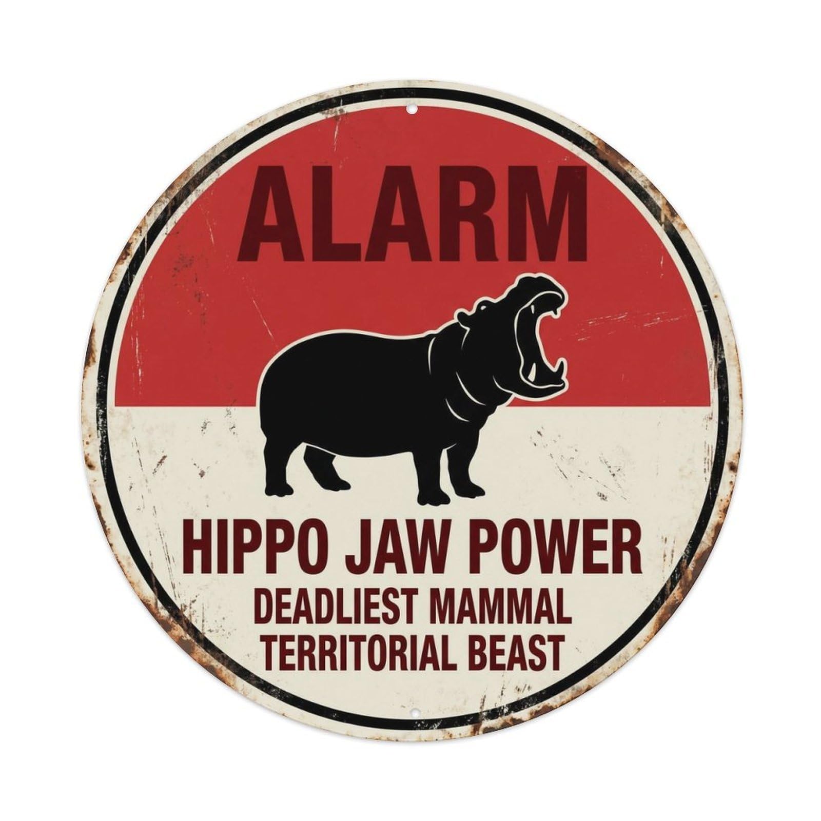 Caution Badge Wildlife Rustic Hippo Jaw Power Alert Grunge Metal Tin Sign Plaque Wall Decor for Cafe, Man Cave, Club Bar, Office, Home Garden Round Metal Poster 8x8Inch