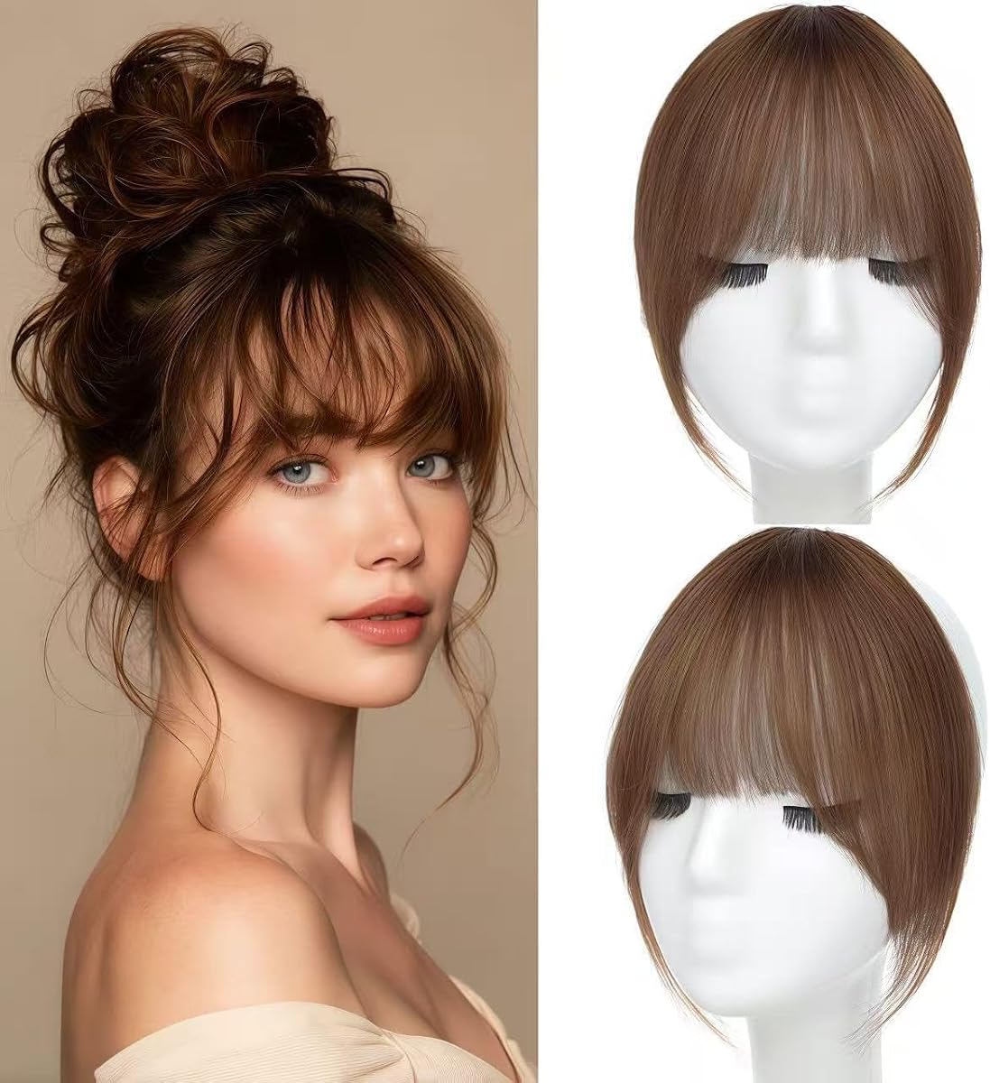 Clip in Bangs Real Human Hair French Bangs with Temples | Curtain Bangs Hair Clip On Bangs for Women Hair Accessories Style Human Hair pieces for Women Daily Wear French-Light Brown