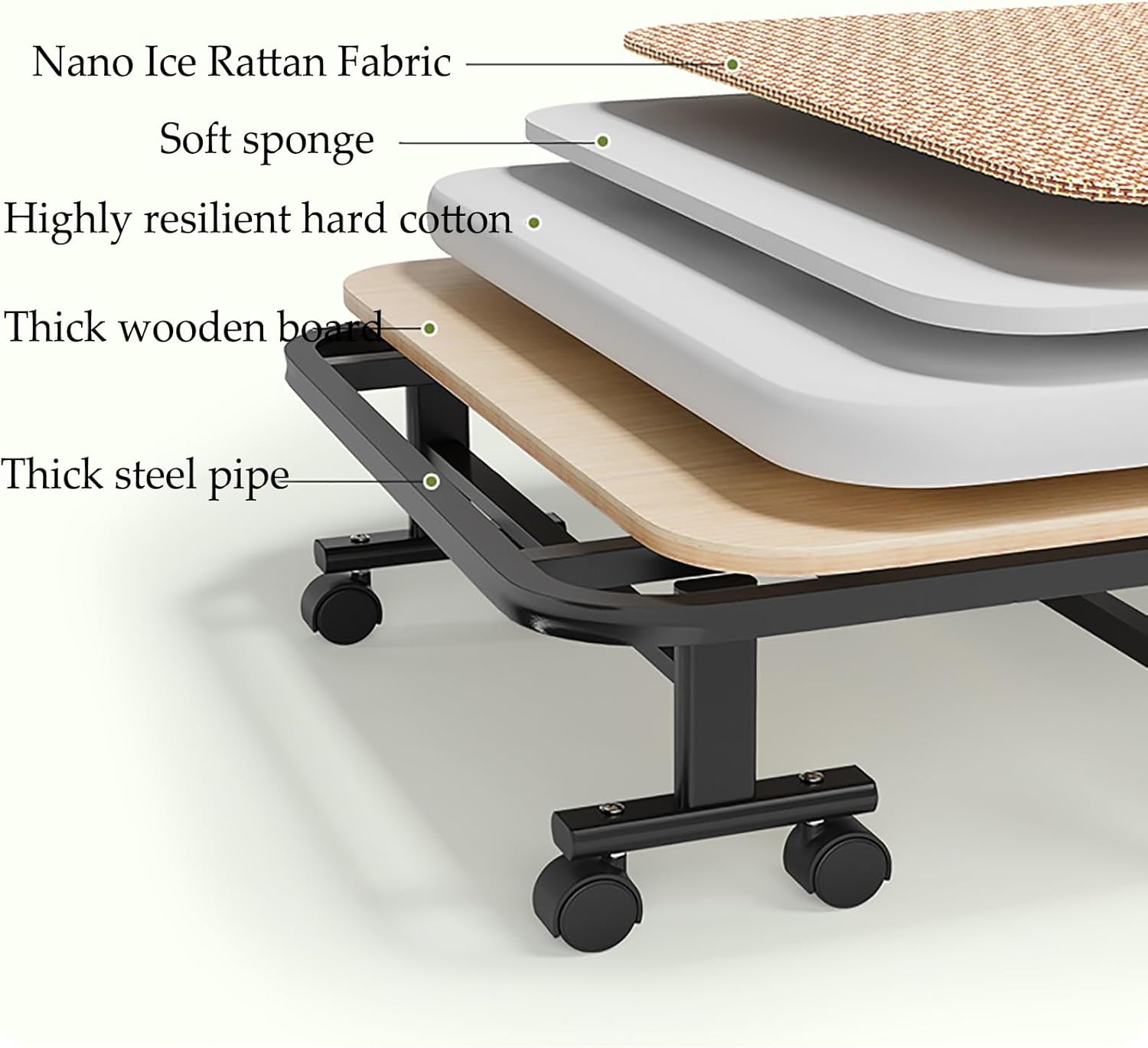 Folding Bed, Single, Camping Bed, Space Saving, Rattan Woven Mattress Fabric, 360° Noise Reduction Universal Wheels, 60/70/80/90x190CM, Load Capacity 240KG(70cm)