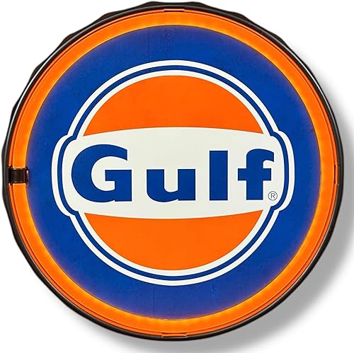 Miniatura 2 de Gulf Oil - Letrero redondo de neón LED, diseño de tapa de botella de 12 x 12 pulgadas, alimentado por batería o USB, naranja y azul