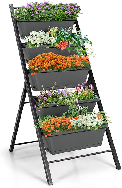 COSTWAY 5-Tier Raised Garden Bed, Vertical Garden Planter with 5 Removable Trays, Drainage Holes and Foot Pads, Indoor Outdoor Elevated Flower Herb Growing Box for Patio Yard Balcony (Grey)