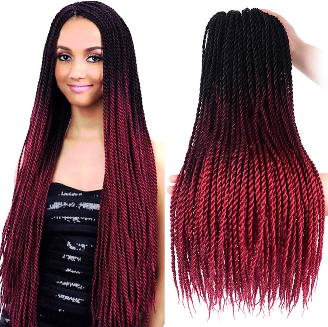 Ameng Senegalese Twist Hair, 5Packs Twist Crochet Braiding Hair Crochet Braid Hair Extensions Kanekalon Synthetic Braiding Hair(24" Black-Wine Red)