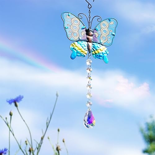 Miniatura 5 de Juego de 2 atrapasoles de mariposa de metal para ventanas  Decoración de pared de valla al aire libre de 14 pulgadas, prismas de arco iris con