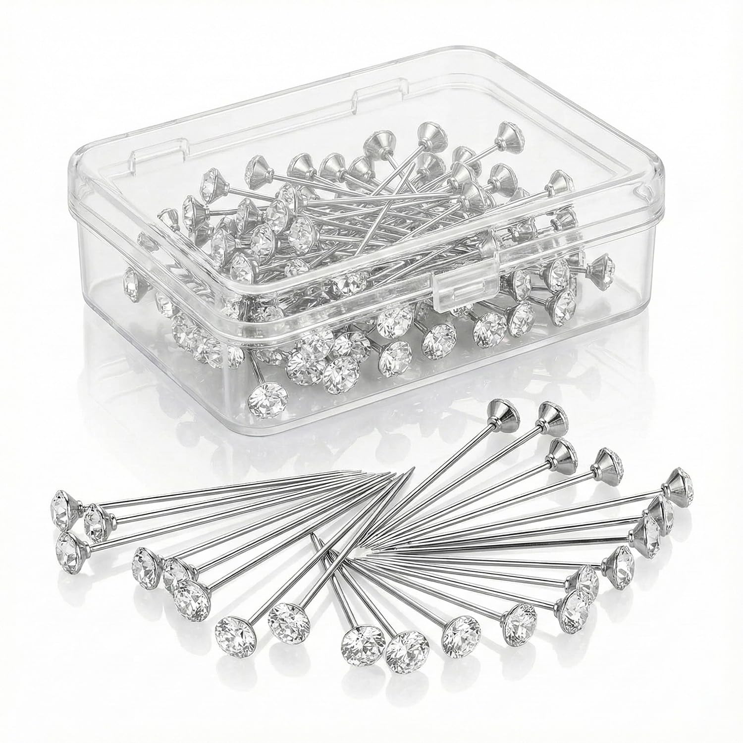 Hopzab Silver 100 Pcs Clear Diamond Head Pins Diamante Crystal Flower Pins With Plastic Storage Box For Sewing Diy Crafts Dressmaking Wedding Decor Bouquets Corsages Decoration