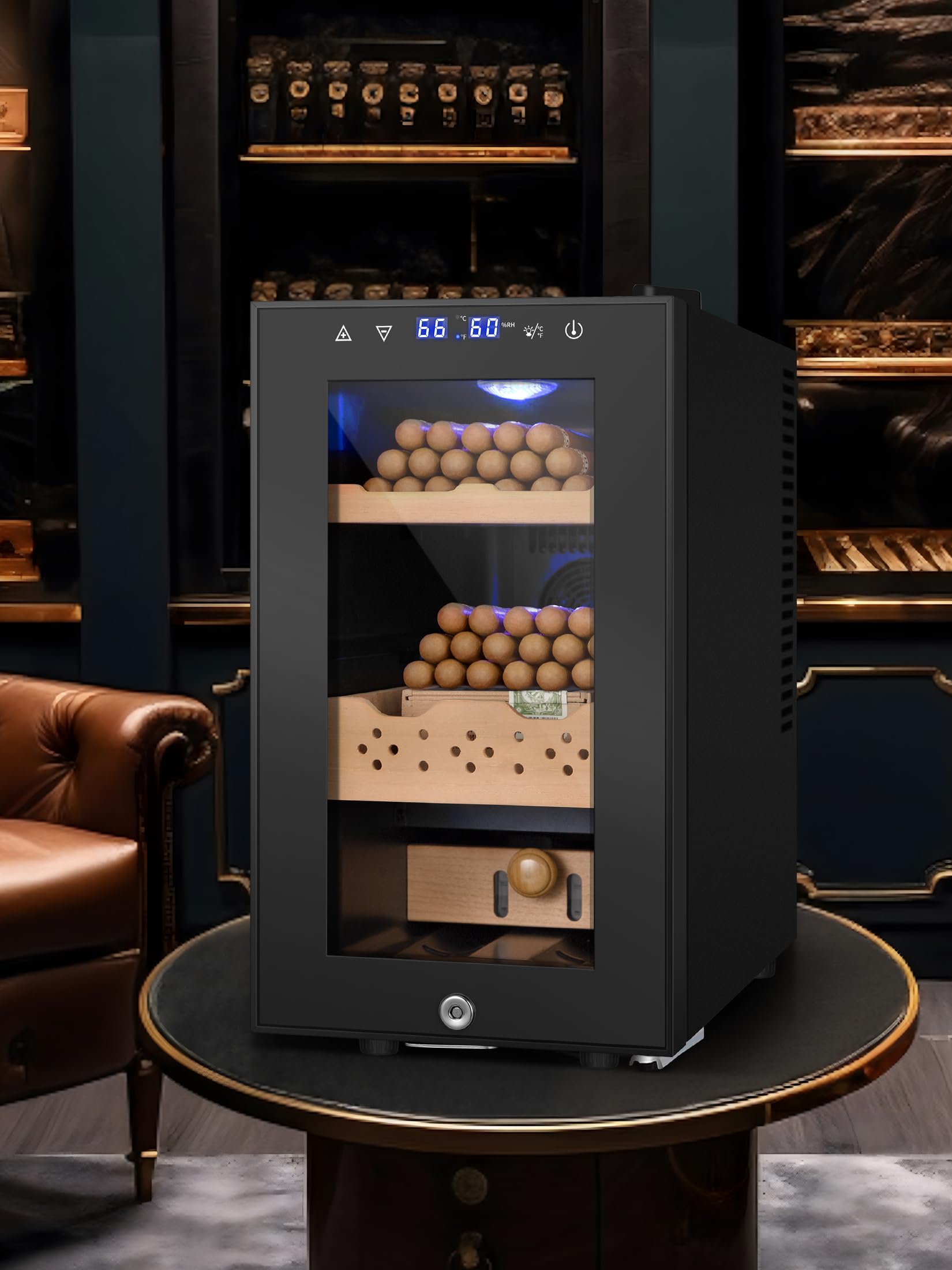 Rlpi 25l Desktop Humidor, Electric Cooler Cabinet With Spanish Cedar Shelves, Temp & Humidity Touch, 200-Count Capacity, Gift For Men on Fridge.com - View 2
