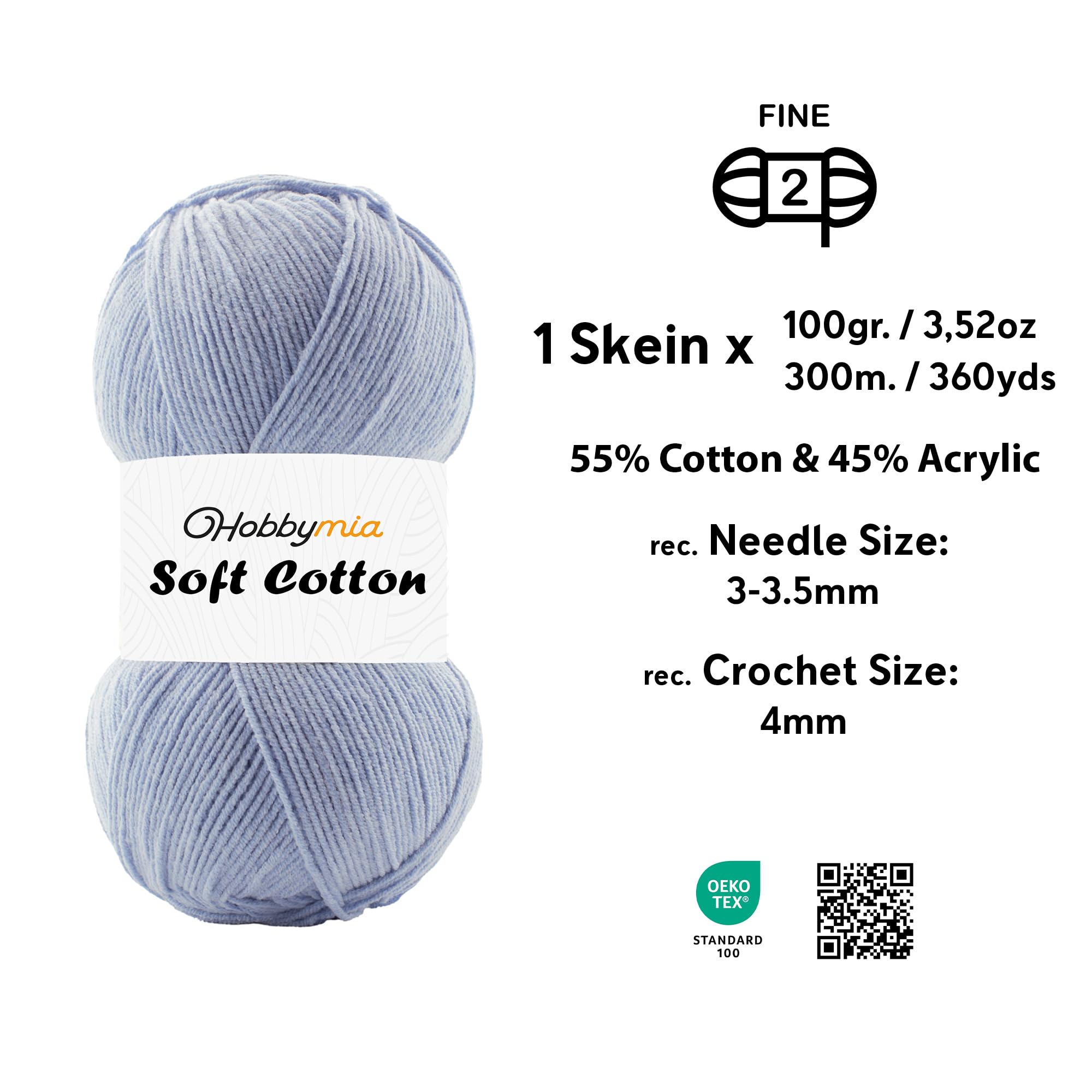 Soft Cotton Blend Crochet Yarn – Sport Weight Yarn for Crochet & Knitting – 100g / 361yds – 55% Cotton 45% Acrylic – Ideal for Amigurumi & Baby Projects (Blue - Light Blue, 1 Skein) - 2