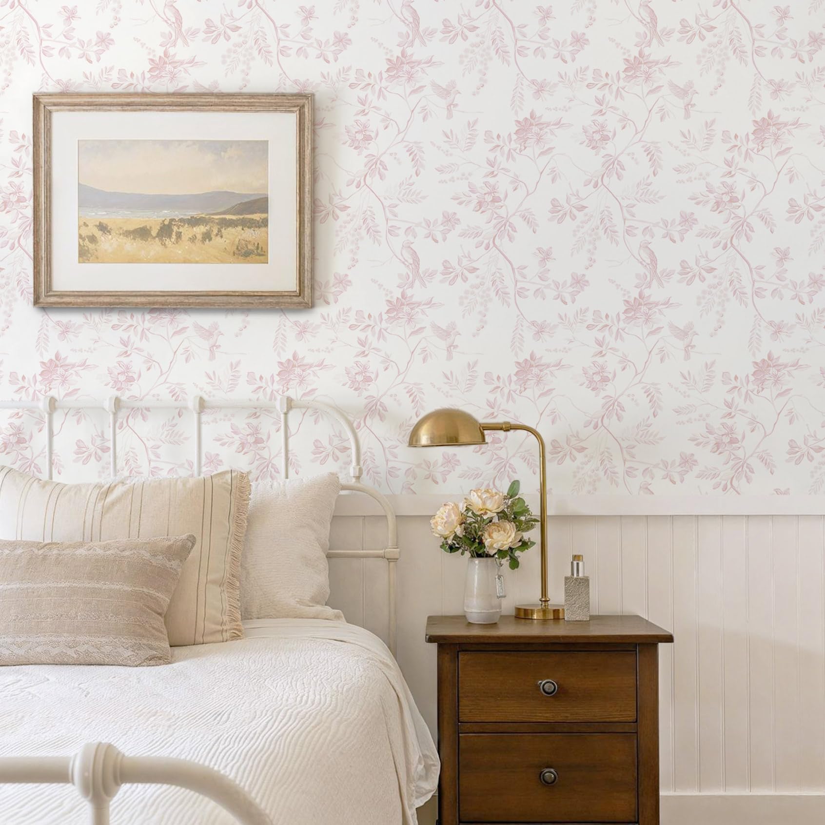 Dimoon Pink Floral and Bird Peel and Stick Wallpaper