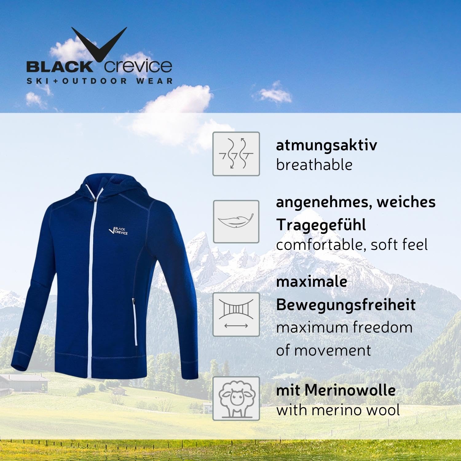Black Crevice Giacca in lana merino da uomo con cappuccio I Giacchetta di pregio in lana merino I Giacca da uomo in 70% lana merino e 30% PE I Felpa termica in lana merino I Mulesing free