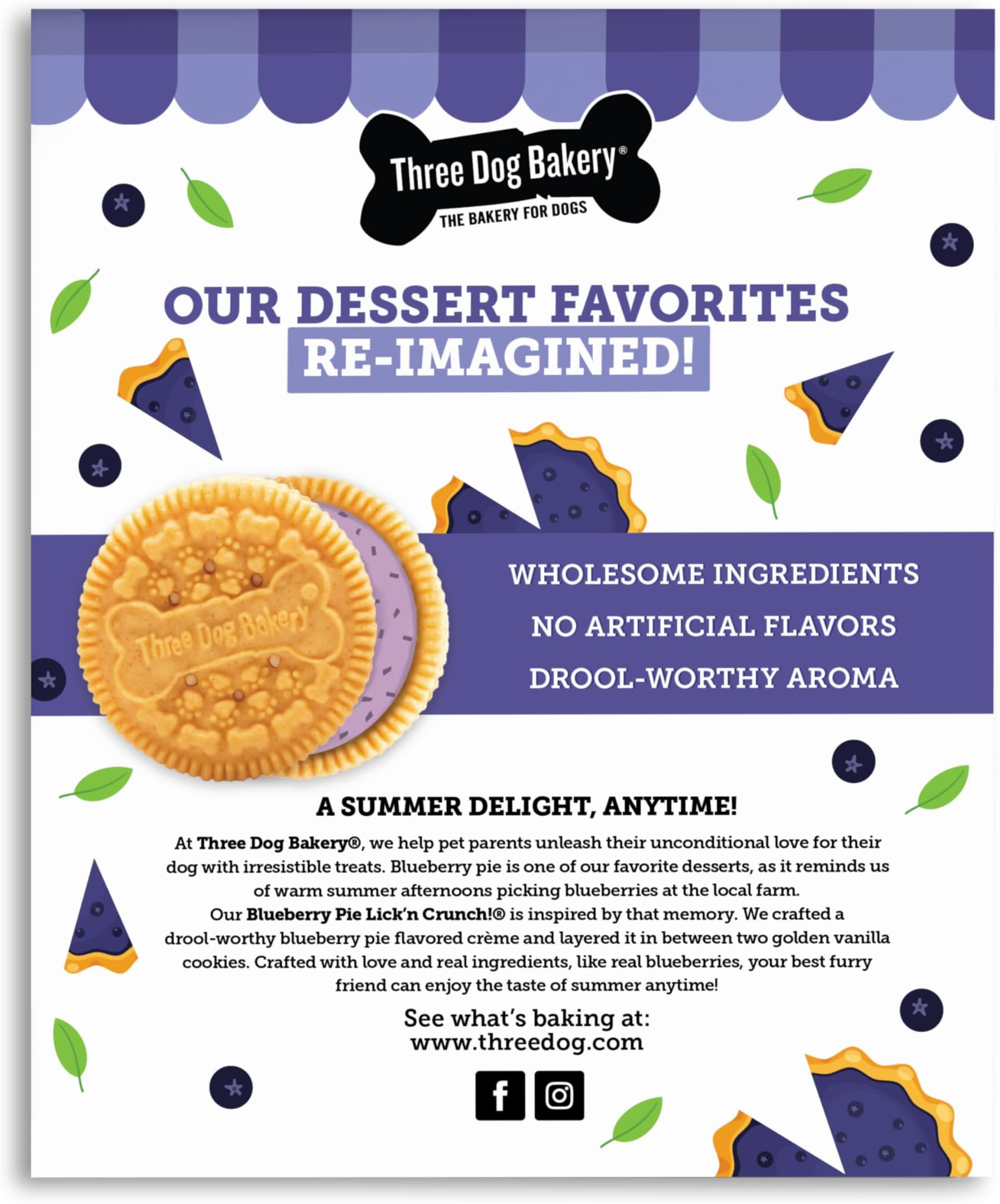 Blueberry Pie Lick’n Crunch! Dog Treats, Dessert-Inspired Sandwich Cookies with Real Blueberries & Vanilla, Crunchy Baked Dog Cookies, Made in The USA, 13 oz