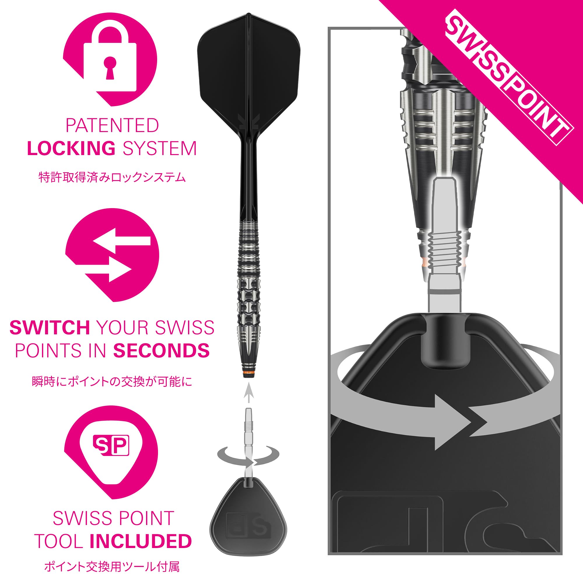 Target Japan Black Marque Dancing Duck G4 90% Tungsten K-Flex Swiss Point Steel Tip Darts Set, 24G | Yuya Higuchi Dart Flight, Swiss Nano Points, K Flex No.6 Shape Flights en Shafts