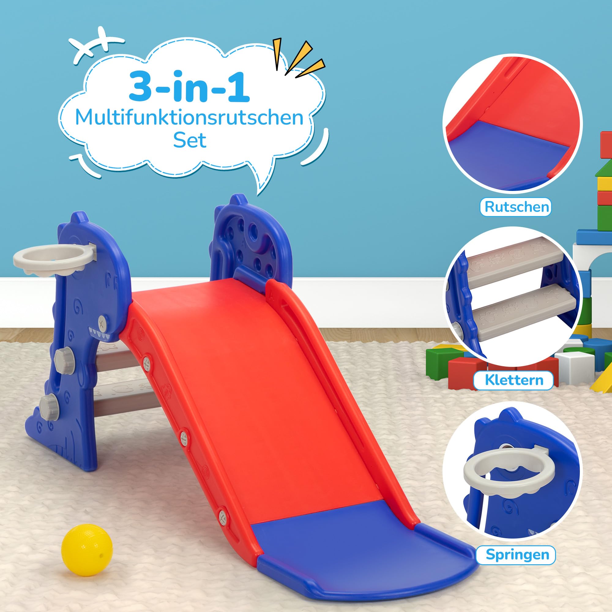 Tobogán 3 en 1 para niños pequeños, juego de escalada para niños con canasta de baloncesto, zona de juegos interior y exterior para niños, diseño plegable, tobogán independiente para bebé, fácil