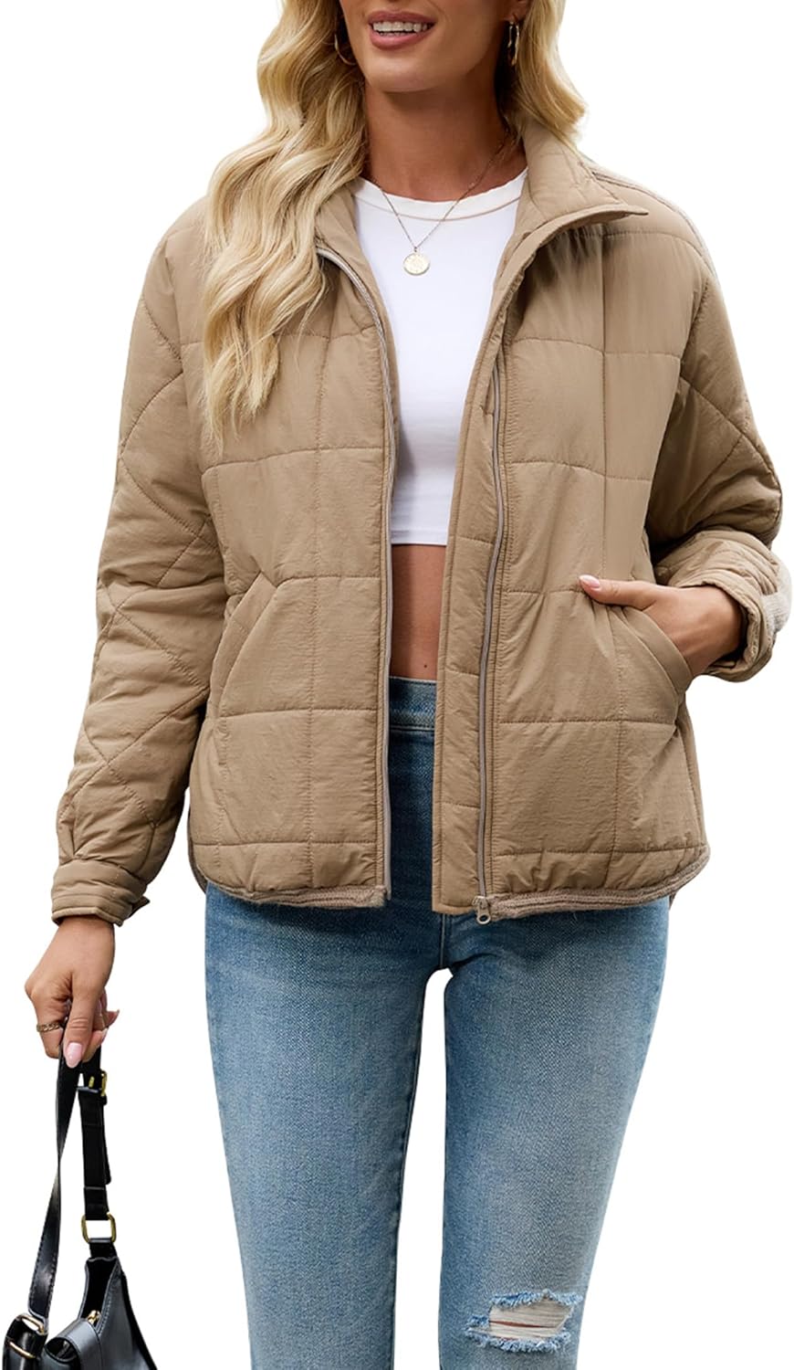 FIOPHY Women's Quilted Puffer Jacket Lightweight Zip Up Padded Coat Long Sleeve Y2K Casual Jacket Outwear with Pockets & Slit