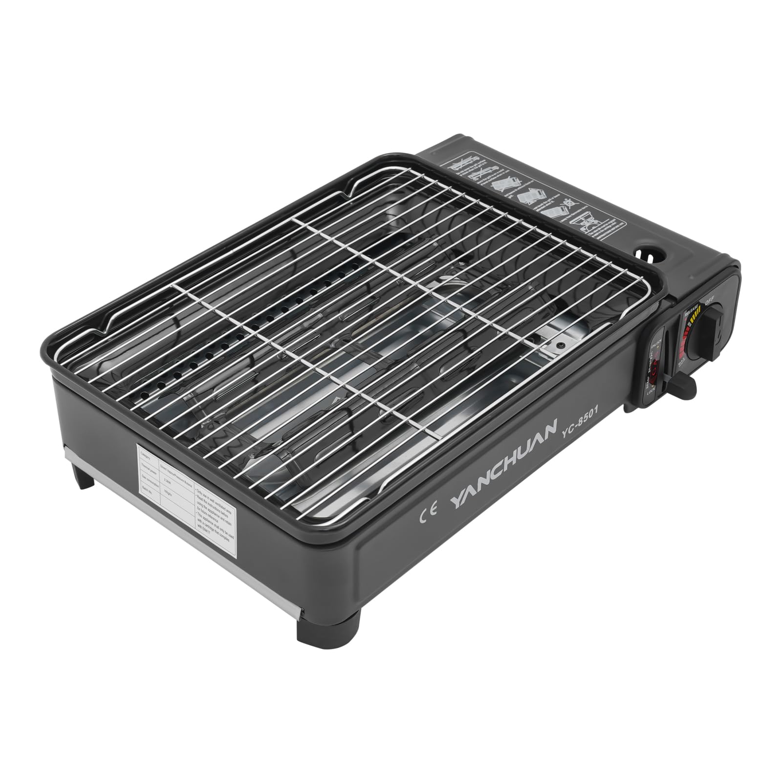 Przenośny grill gazowy, kuchenka gazowa z siatką do grillowania, blachą do pieczenia, pędzlem, klamrą do żywności, tacką na olej, walizką transportową, na kemping, do trekkingu, gotowania na