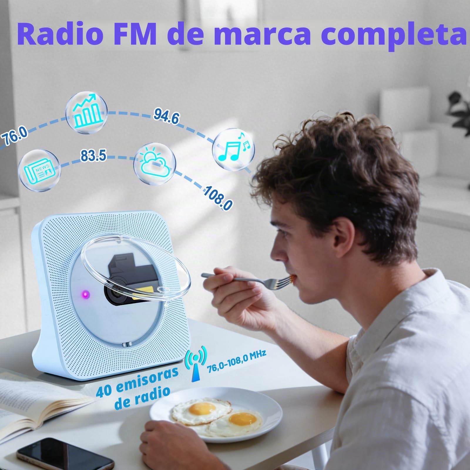 Reproductor CD Portátil Infantil, Reproductor de CD Bluetooth y Altavoces HiFi CASA, Home CD Player Compatible con USB/Radio FM/Conector para Auriculares/Temporizador de Apagado (no Recargable)