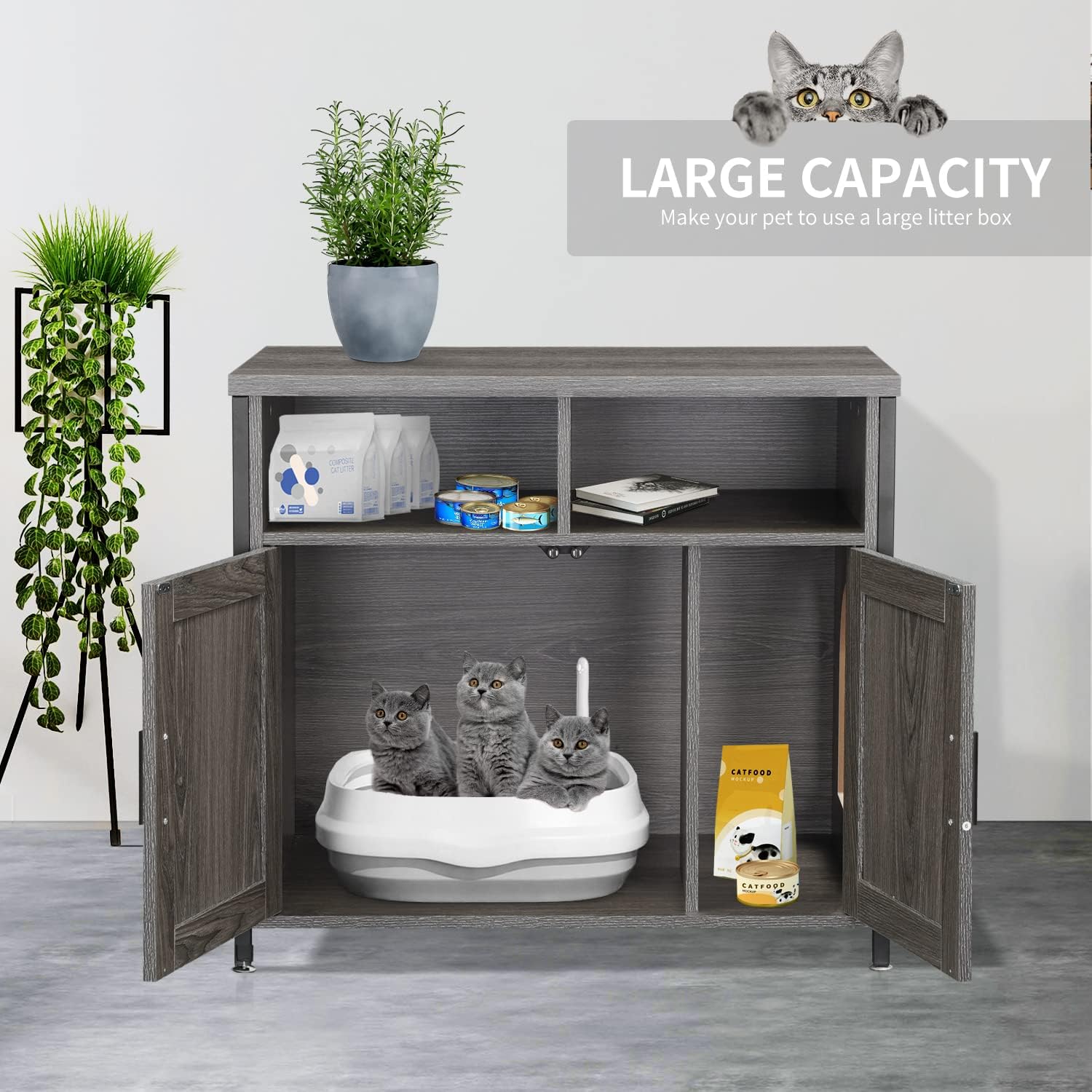 Cat Litter Box Enclosure Furniture, Hidden Cat Washroom Litter Storage Bench with Sturdy Wooden Structure and Double Door, Spacious Indoor House for Kitty