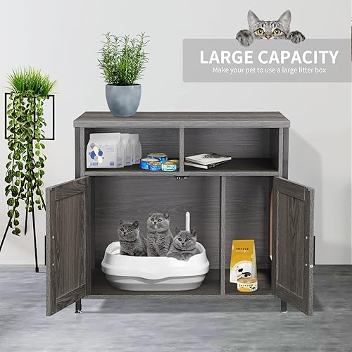 Miniatura 3 de Muebles de caja de arena para gatos, banco de almacenamiento de arena oculto para gatos con estructura de madera resistente y puerta doble,