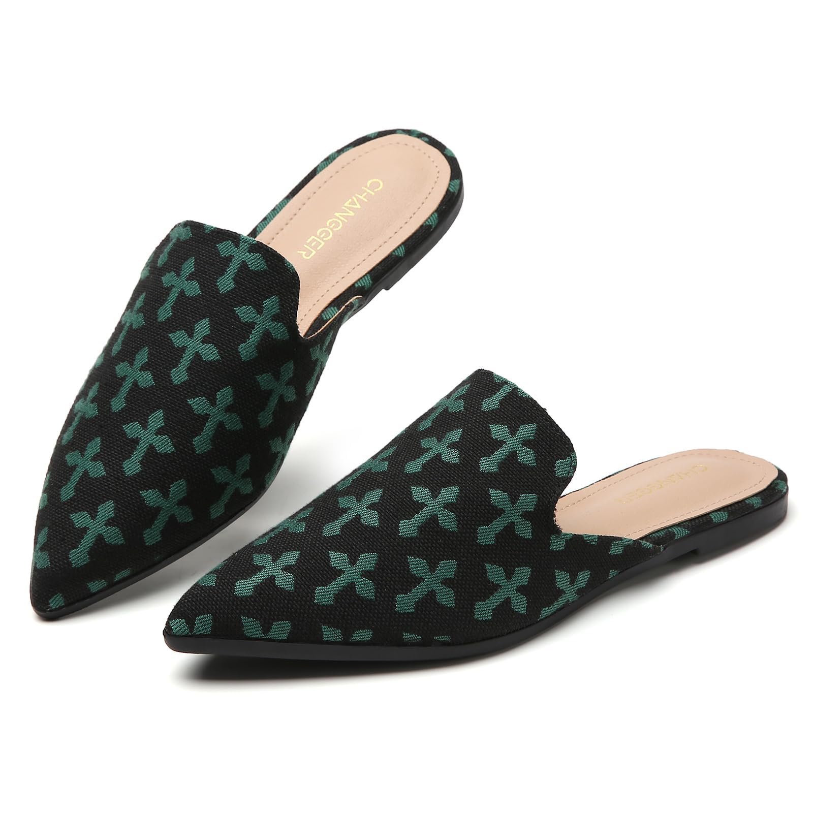 CHANGGER Working Mules for Women Flats Closed Pointed Toe Backless Slip on Slides Business Casual Shoes