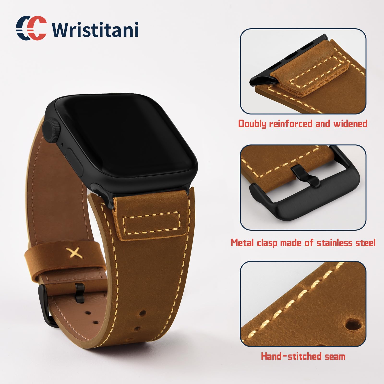 Wristitani Leather Strap Compatible With Apple Watch Straps 44mm 45mm 46mm 42mm 49mm 41mm 40mm for Men,Genuine Leather Replacement Band for iWatch Ultra2 Ultra Series 10 9 8 7 SE2 SE 6 5 4 3 2 1 - Image 4