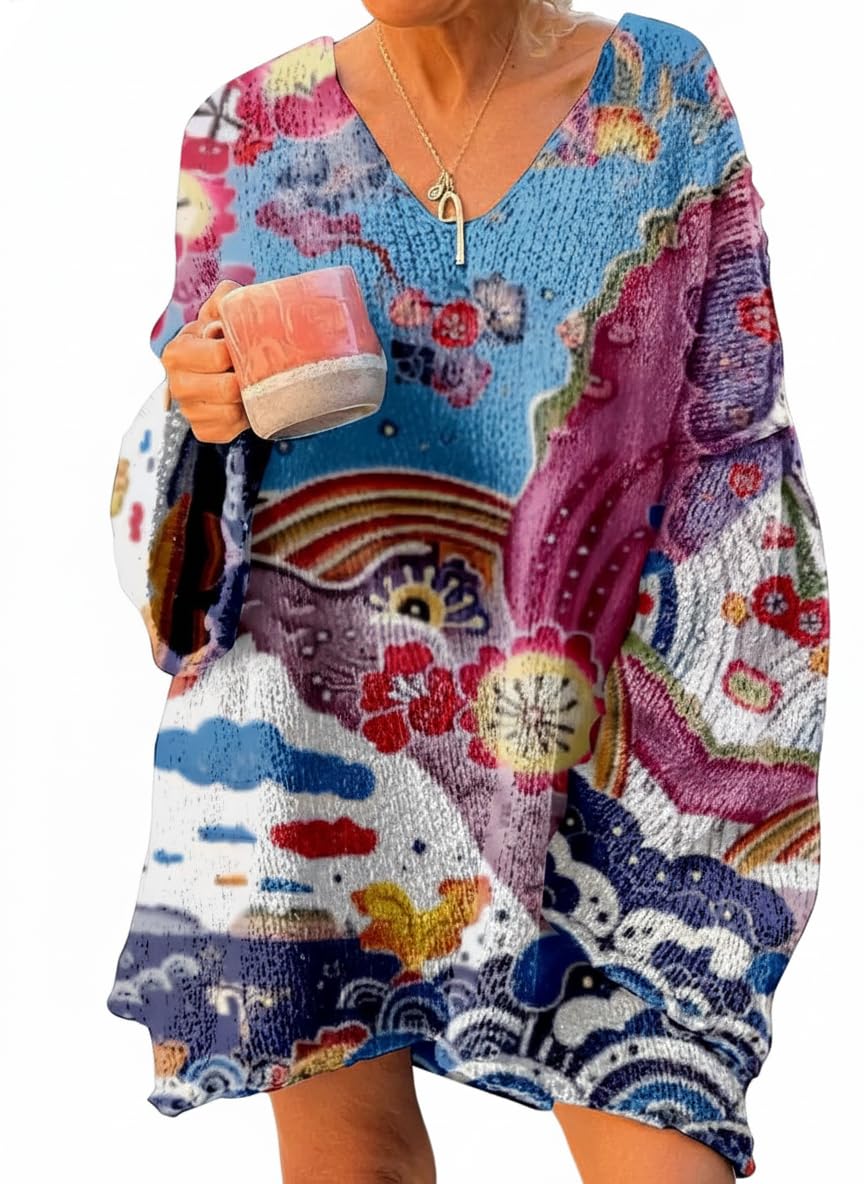 Akivide Womens Oversized Boho Floral Lantern Sleeve V Neck Sweater Fall Winter Colorful Casual Cute Pullover Knitted Top