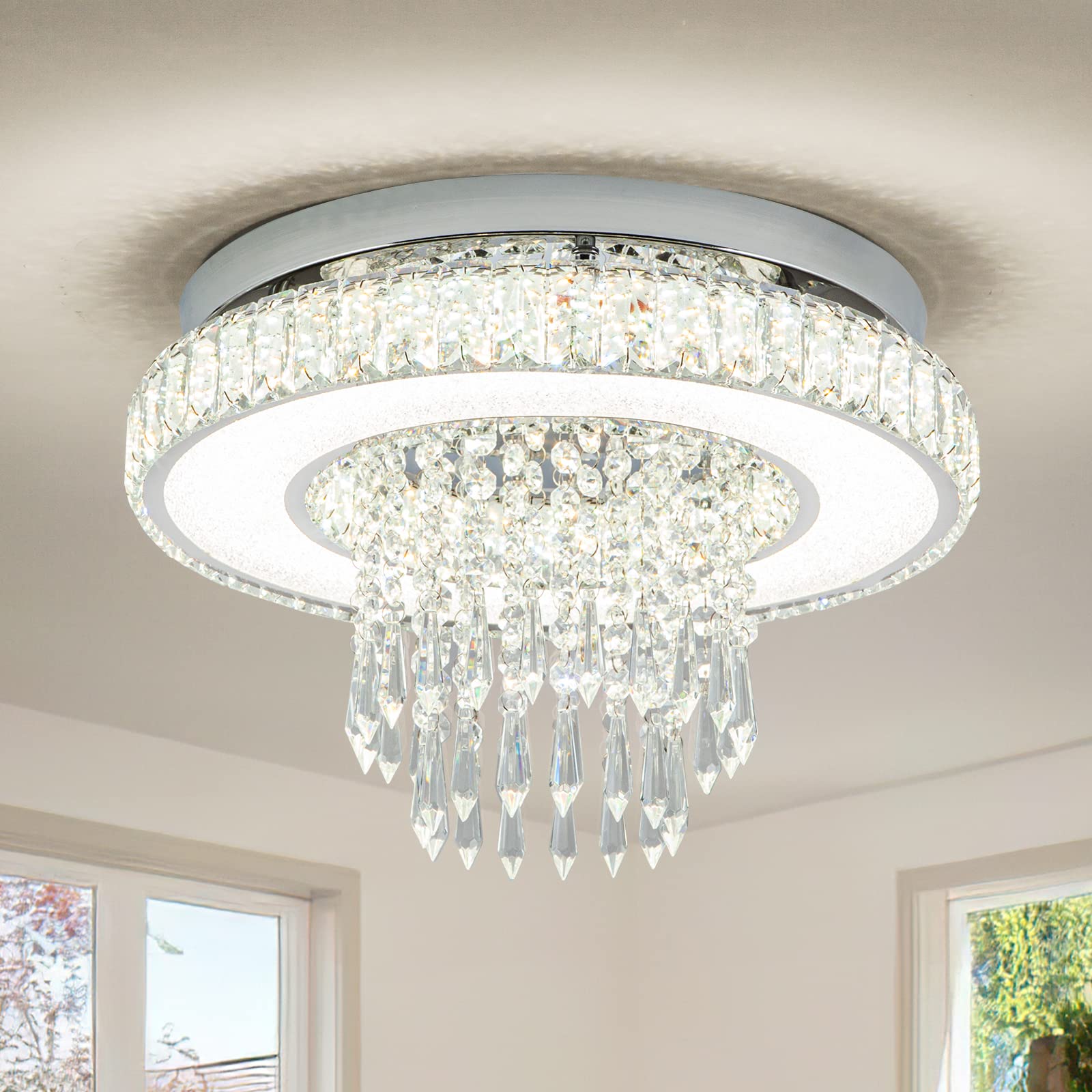 OCWHT Crystal Chandelier for Living Room LED Flush Mount Chandelier Ceiling Light Fixture Modern Crystal Chandelier for Bedroom Hallway Dinning Room Chandelier,Multicolor