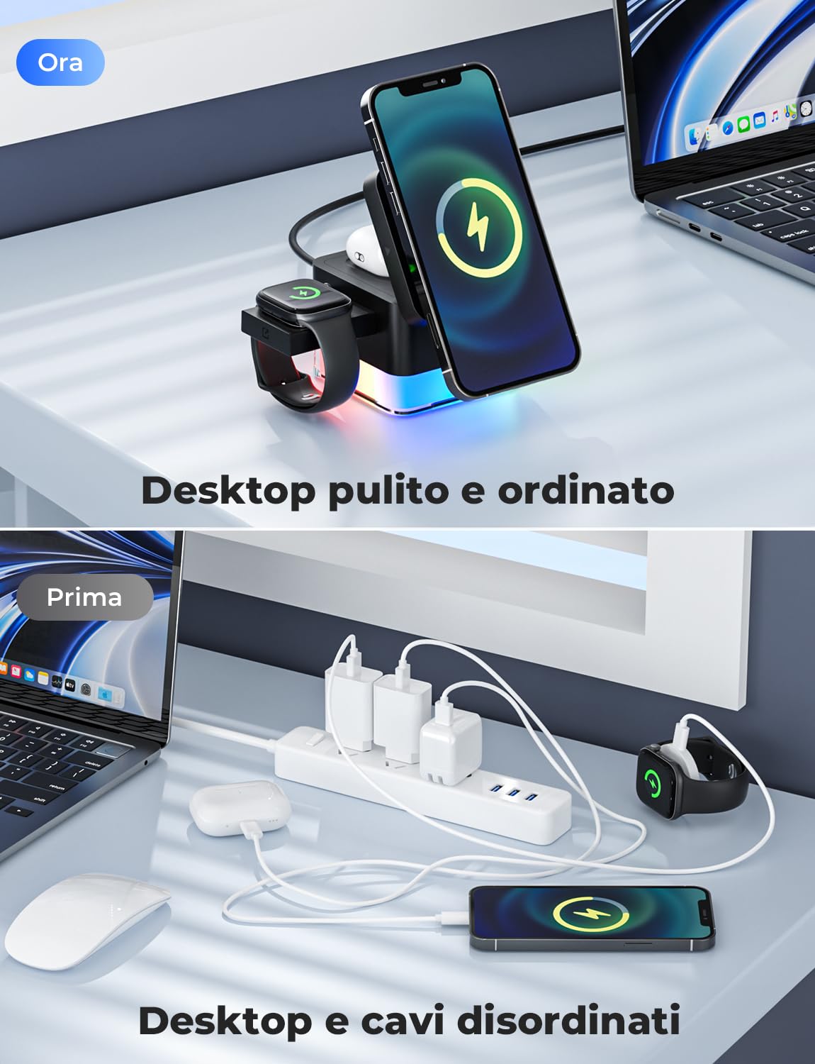 Caricatore Wireless 4 in 1, Qi Ricarica Rapida, Caricatore Compatibile Con Lampada da Comodino, per iPhone Serie 12/13/14/15/16, Airpods 2/3/Pro, iWatch