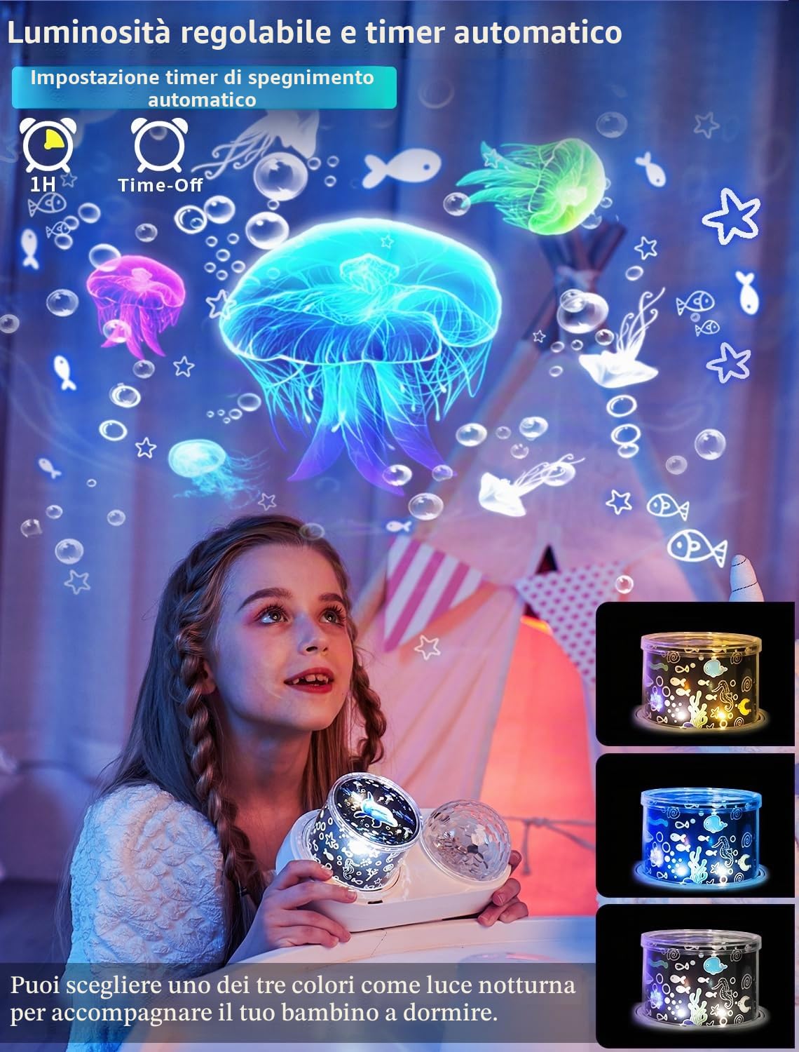 Proiettore di onde oceaniche luce notturna per camera da letto dei bambini - 10 colori con onde oceaniche + 6 film, timer di rotazione a 360 gradi, per bambini, bambine, compleanno, Natale, regali
