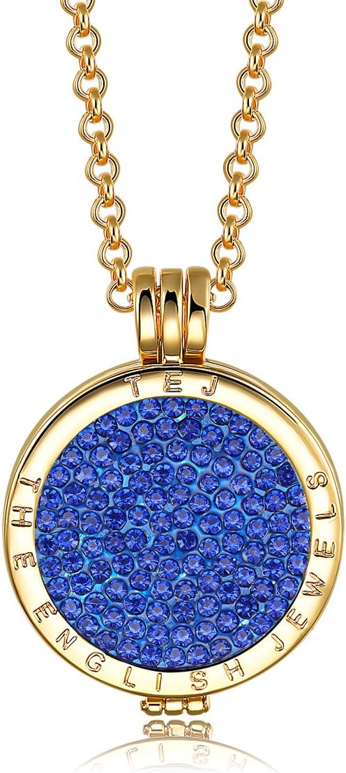 TEJ Interchangeable Coin Pendant Necklace Gold Plated Including Belcher Chain '25-30 inch - Blue