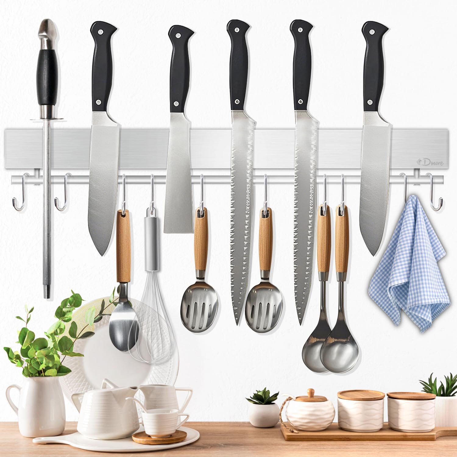 Dmore Magnetleiste Messer mit 10 Haken, 43 cm Messerhalter magnetisch aus Edelstahl, Magnet Messerhalter mit extra Starkem Magnet, inklusive Klebeband und Schrauben