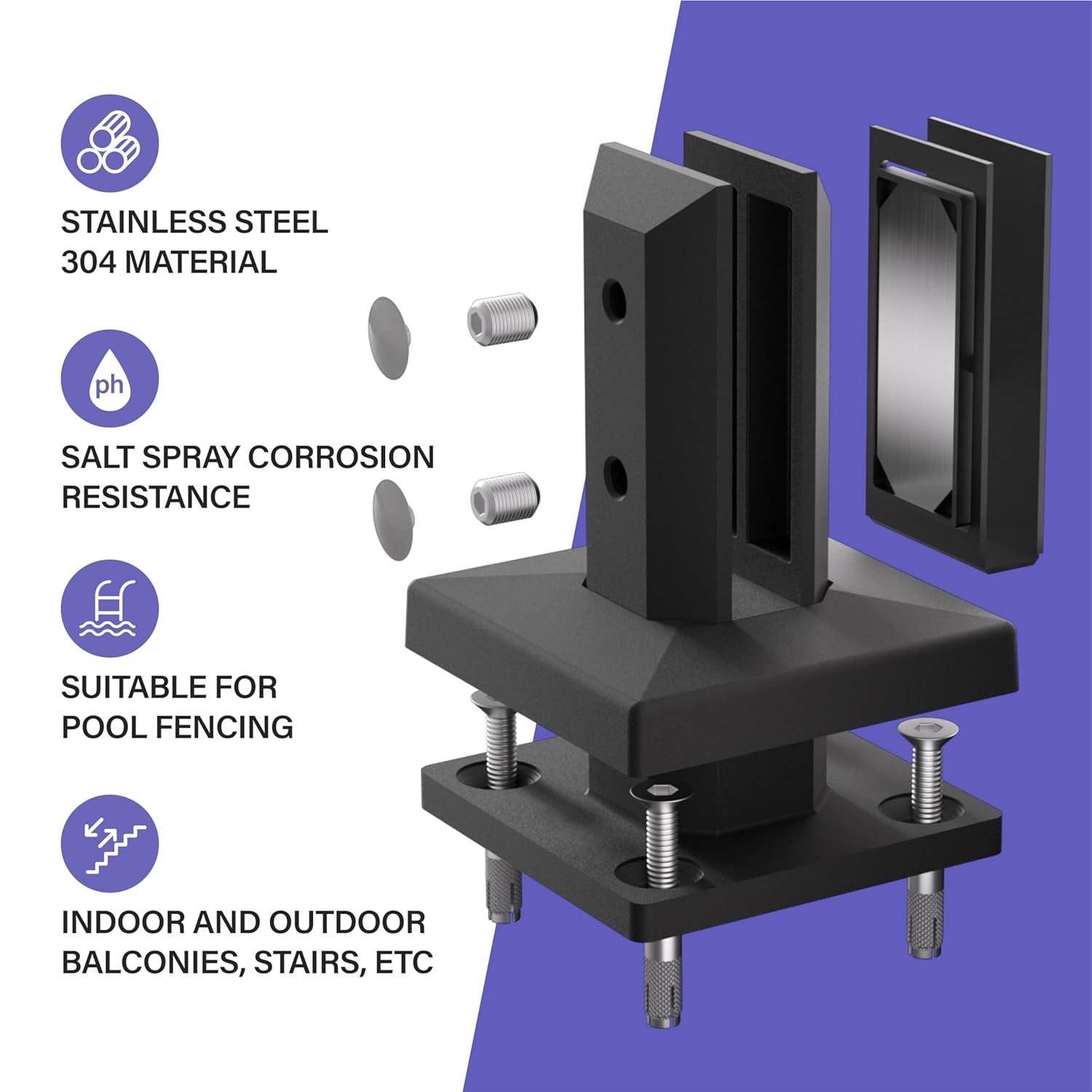 Glass Railing Spigot,4 Pack 304 Stainless Steel 1450g Heavy Duty Black Square Glass Spigots Clamp Bracket Railing for Pool Fence Home Garden Stairs Balustrade Balcony