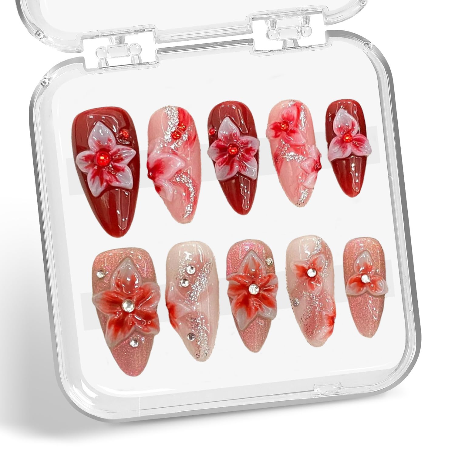 Flower Press on Nails Medium Almond Glitter Fake Nails 3D Luxury Floral Rhinestones Embossed Designs Handmade Press on Nails Muti-Layer Gel Thick