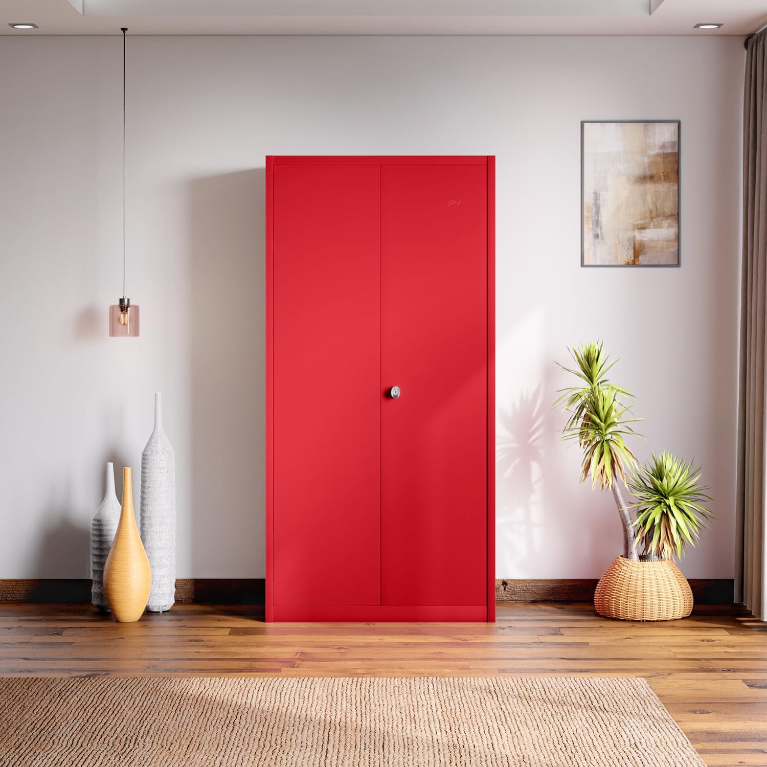 Interio by Godrej Flynn NX 2-Door Steel Almirah | Textured Carmine Red, 1-Year Warranty, 1 Locker, 5 Shelves