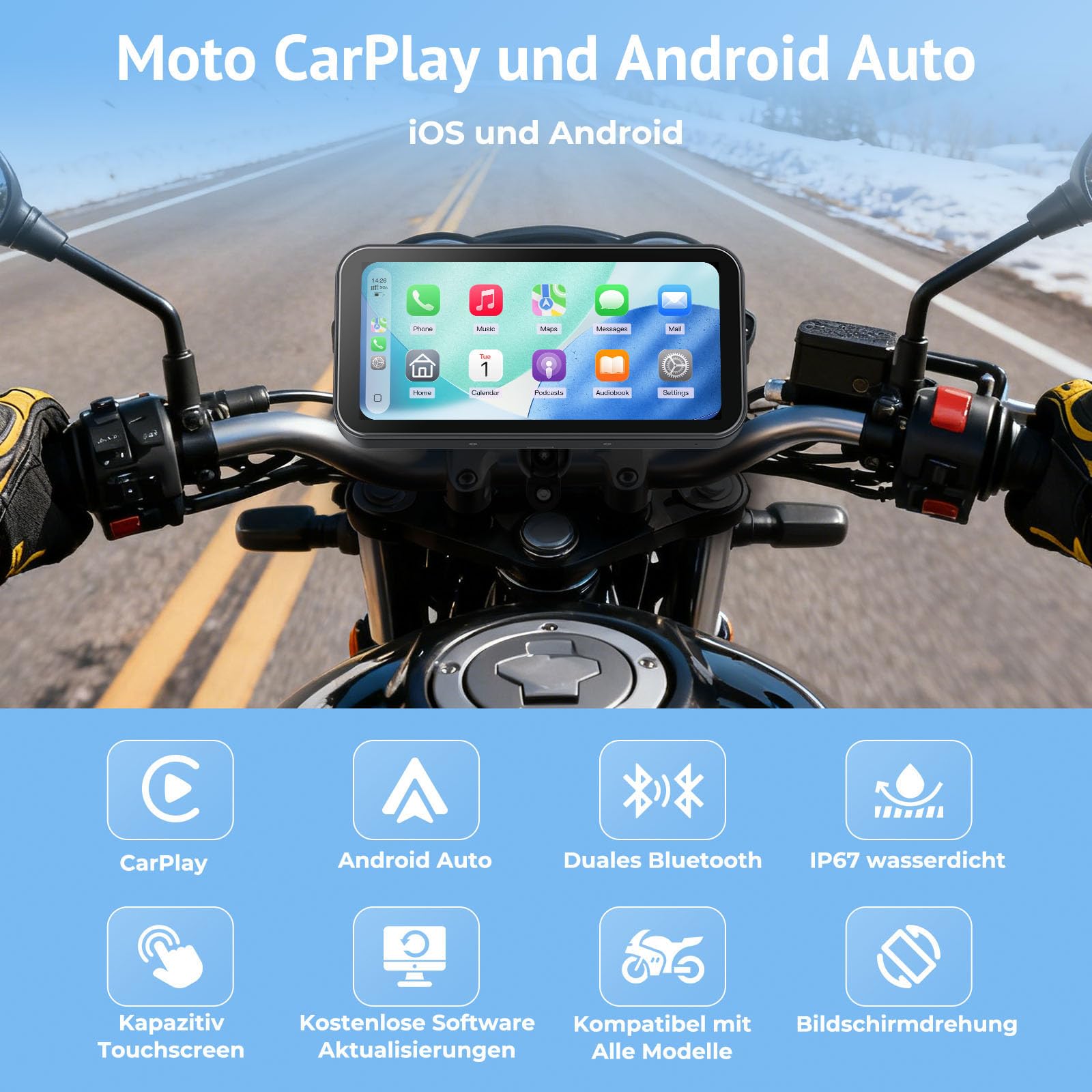 W622 Motorrad kabelloses CarPlay Display 6,25" Touchscreen,kompatibel mit Apple CarPlay & Android Auto,Navi, Sprachsteuerung,IP67 wasserdicht,TPMS,Dual Bluetooth,USB/Acc Stromversorgung