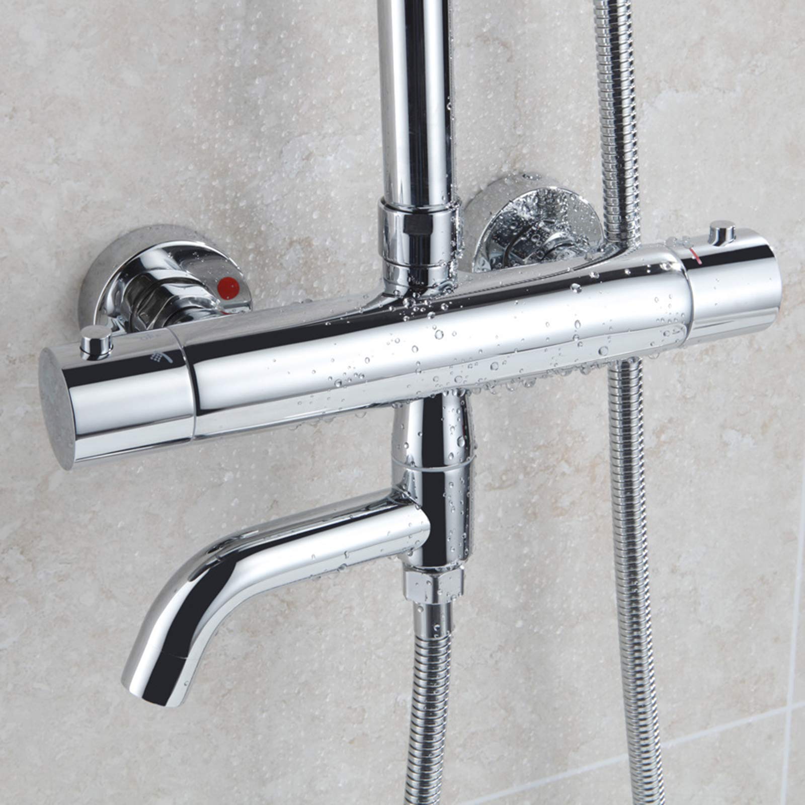 Chromowany termostatyczny system natryskowy z deszczownicą i baterią wannową, ścienny zestaw natryskowy z wysokociśnieniową baterią i wielofunkcyjnymi słuchawkami prysznicowymi