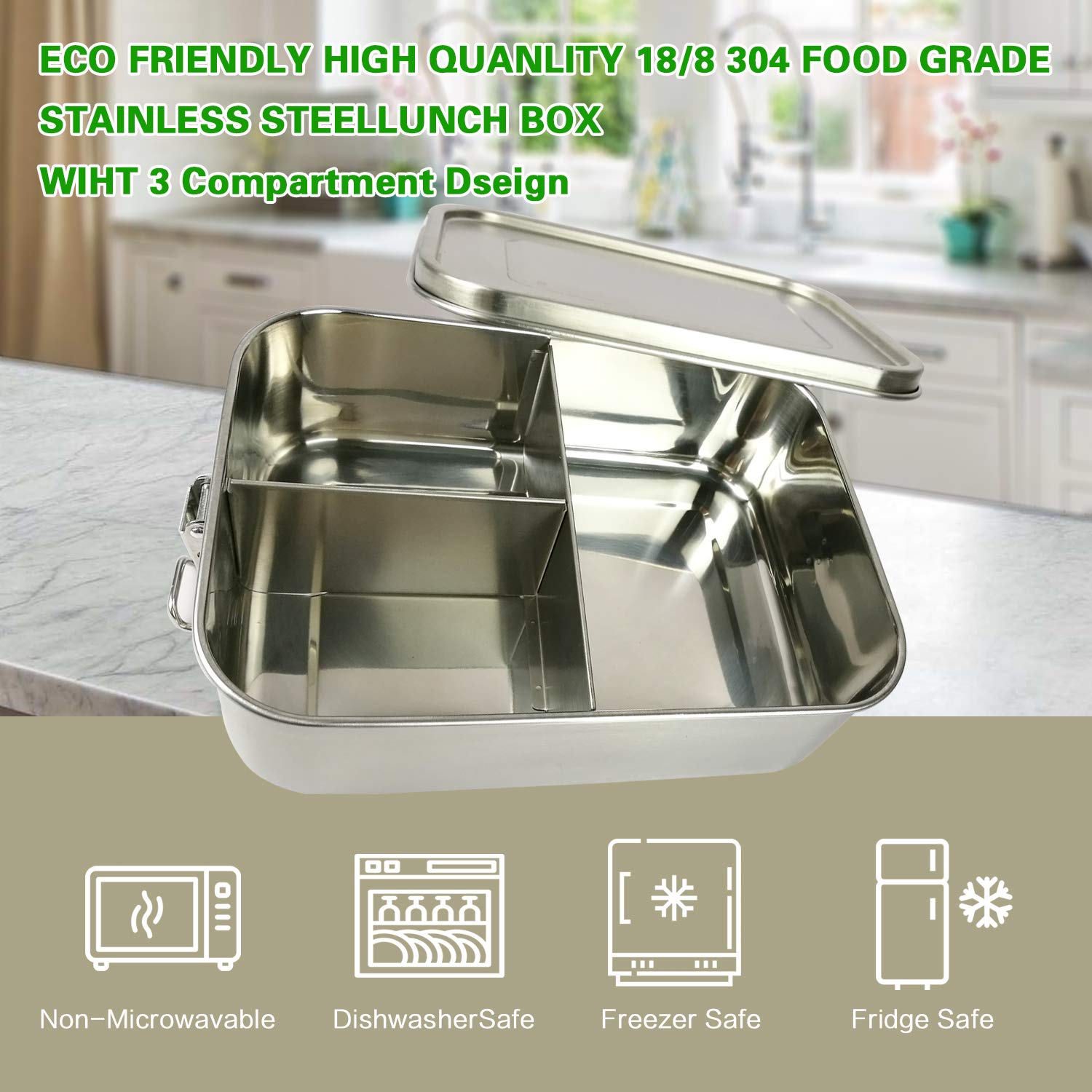 UPTRUST Stainless Steel Bento Lunch Food Box Container, 5-Compartment Large 1400ML Metal Bento Lunch Box Container for Kids or Adults with Lockable Clips to Leak Proof: 1200 ML - 3-Compartment