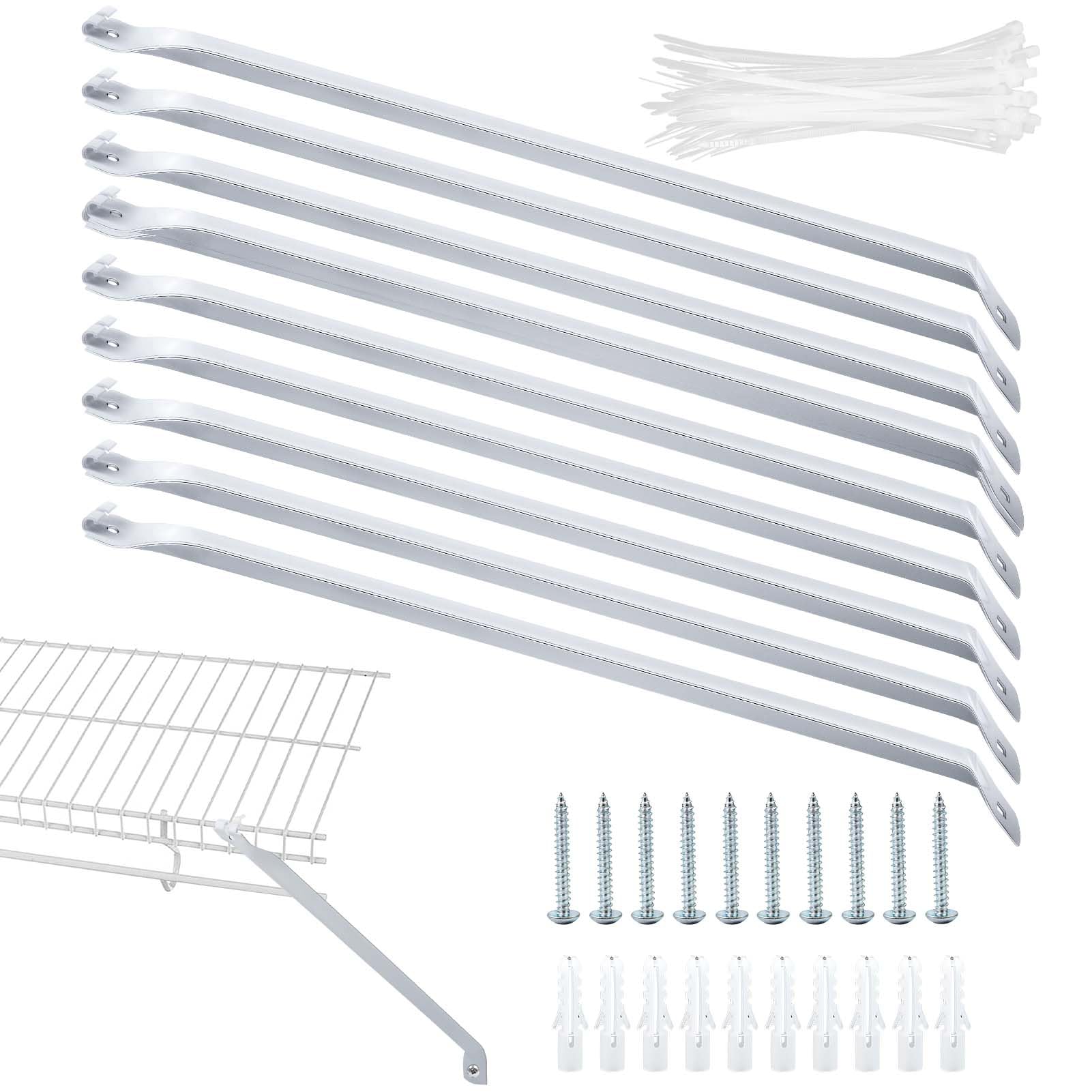 10pcs 12Inch Wire Shelf Brackets, Metal White Closet Support Bracket with Anchors Screws &Tie Hidden Wall Closet Shelving Accessories for Support Wire