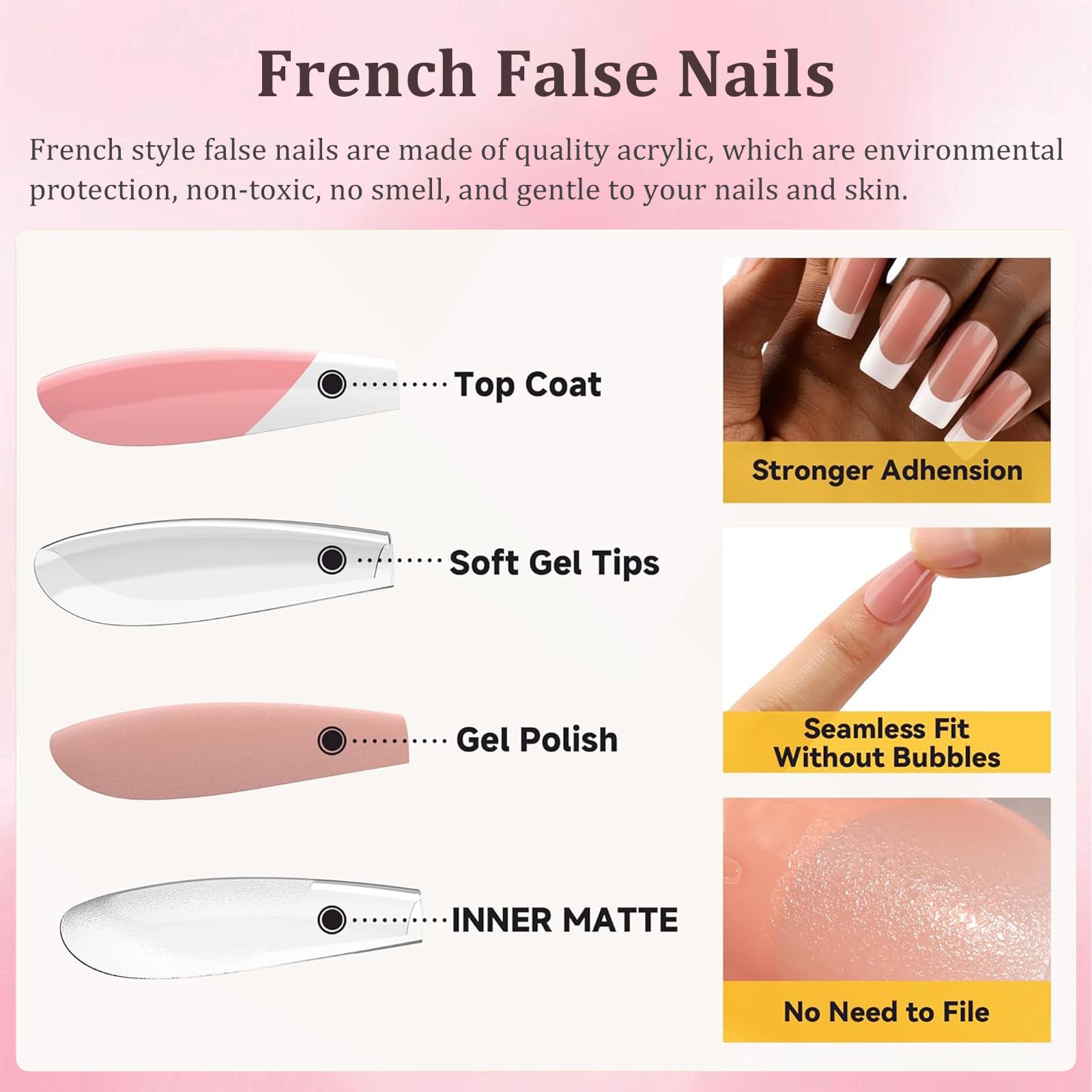 24 Stück French-Kunstnägel – Aufdrücknägel – Volldeckende Kunstnägel in Nude-Weiß, quadratisch, zum Aufkleben – French-Fake-Nägel zum Aufkleben für Frauen und Mädchen, N