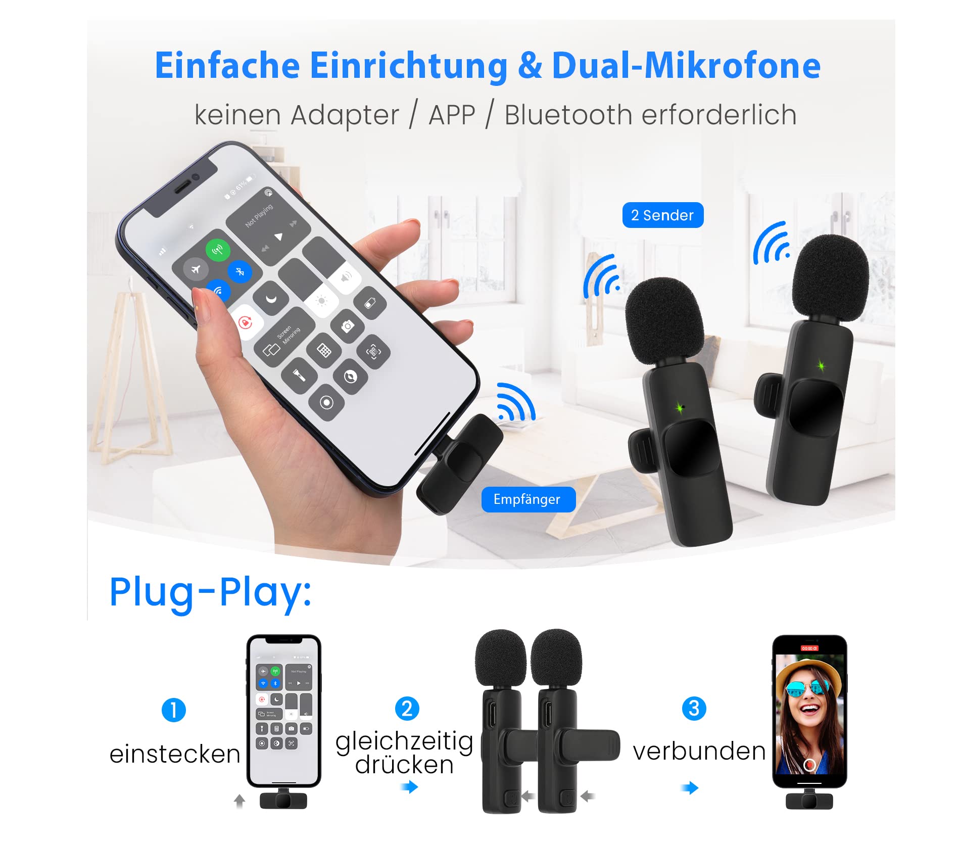 Mikrofon Handy fur iPhone – 2.4GHz Wireless Lavalier Microphone ansteckmikrofon kabellos mit Clip fur Videoaufzeichnung YouTube Facebook Live Stream Tiktok