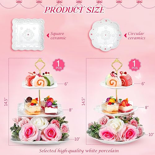 Miniatura 2 de Ctosree Soporte redondo y cuadrado para cupcakes de porcelana de 3 niveles, soporte redondo y cuadrado para tartas de cerámica blanca, bandeja de
