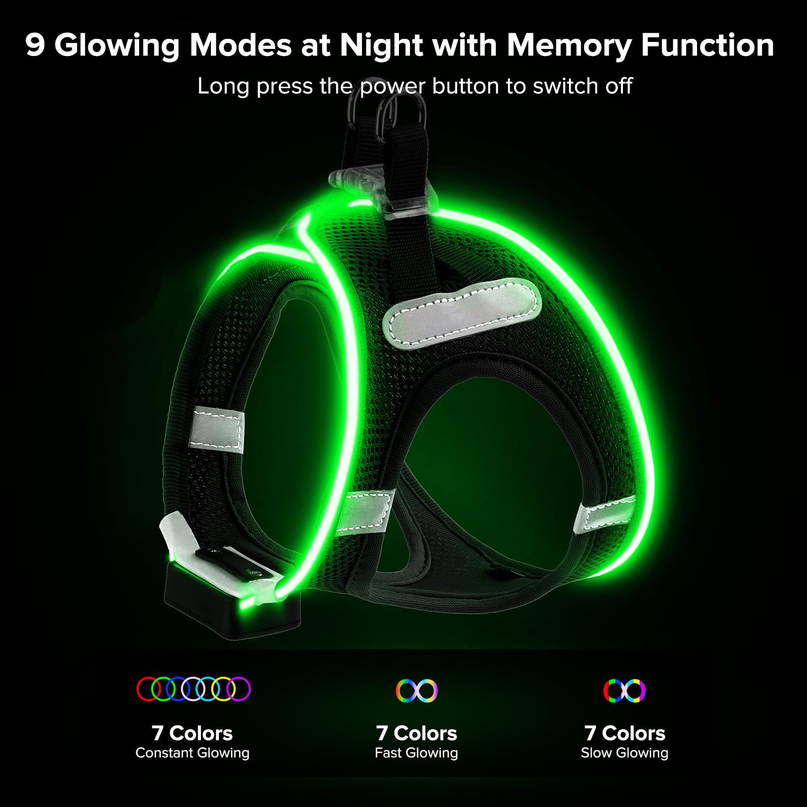 PcEoTllar Harnais Lumineux Chien Rechargeable LED - 7 Couleurs, 9 Modes pour Chiot, Petit et Moyen Chien - Clignotant, Réfléchissant, Confortable - Noir (S)