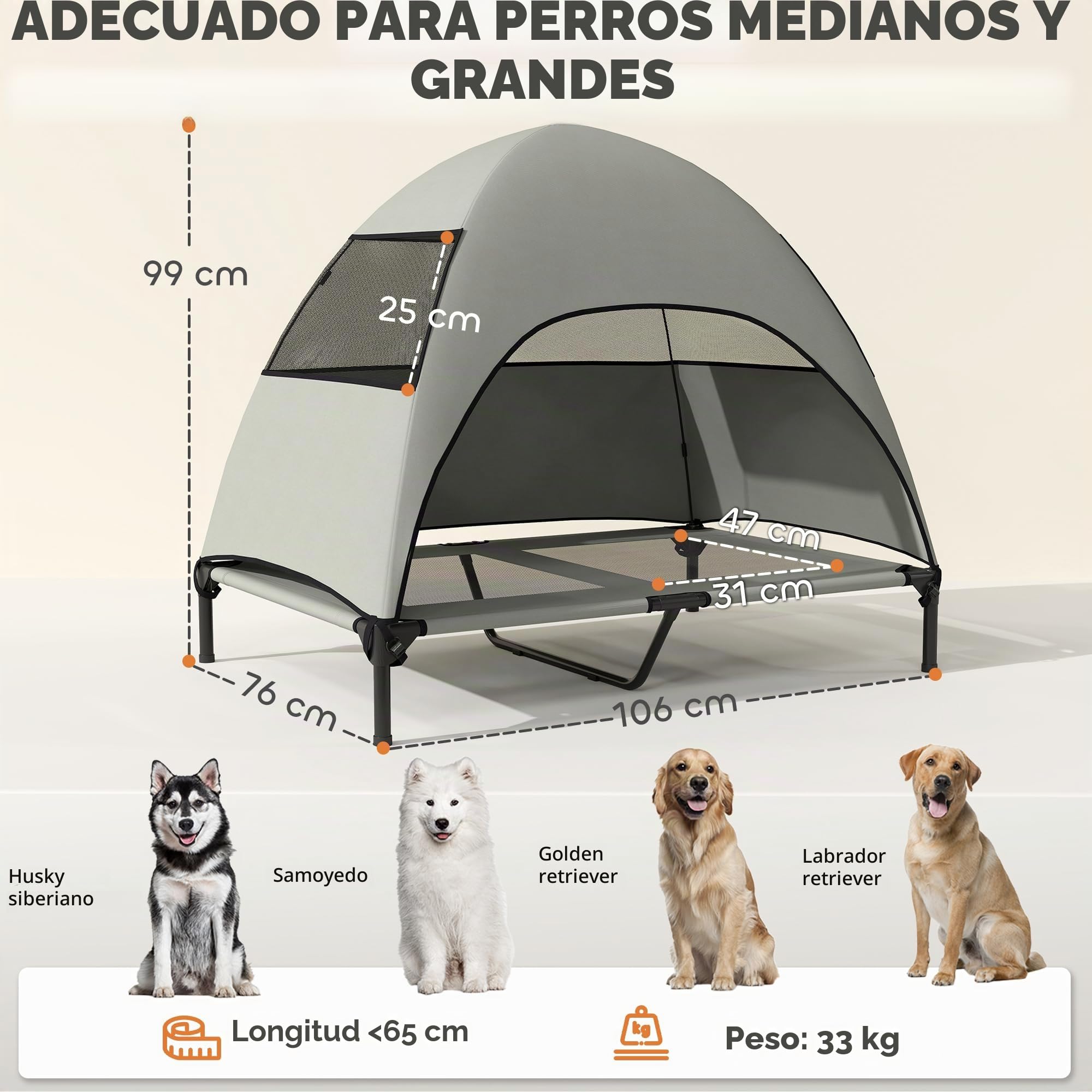PawHut Tumbona para perros para exteriores con techo, cama elevada para perros grandes, cama para mascotas con marco de acero de malla lavable, bolsa de transporte, cama para mascotas para exteriores