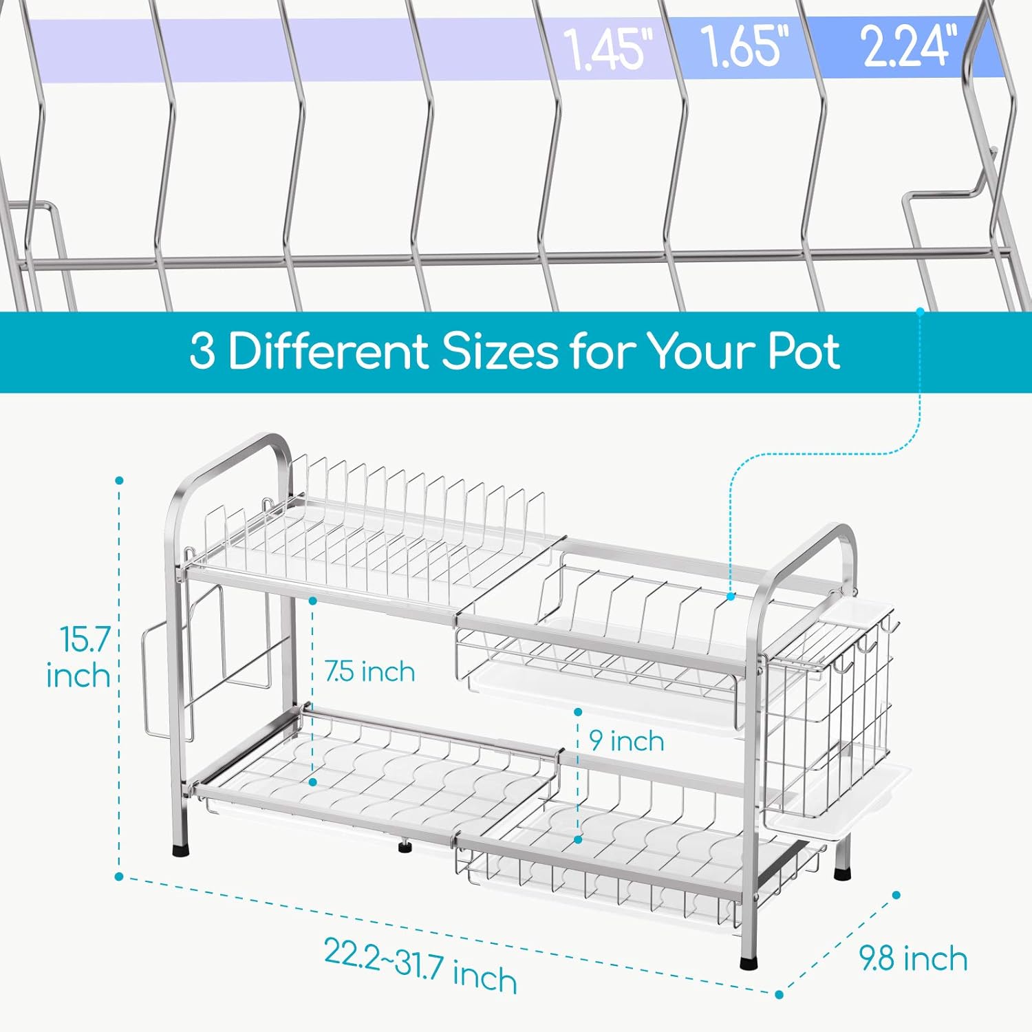 Free Shipping Offer Dish Drying Rack, iSPECLE Expandable 2 Tier Extra Large Dish Rack for Pot and Pan Stainless Steel Pan Rack with Pot Holder Drain Board Utensil Holder for Kitchen Countertop, Silver