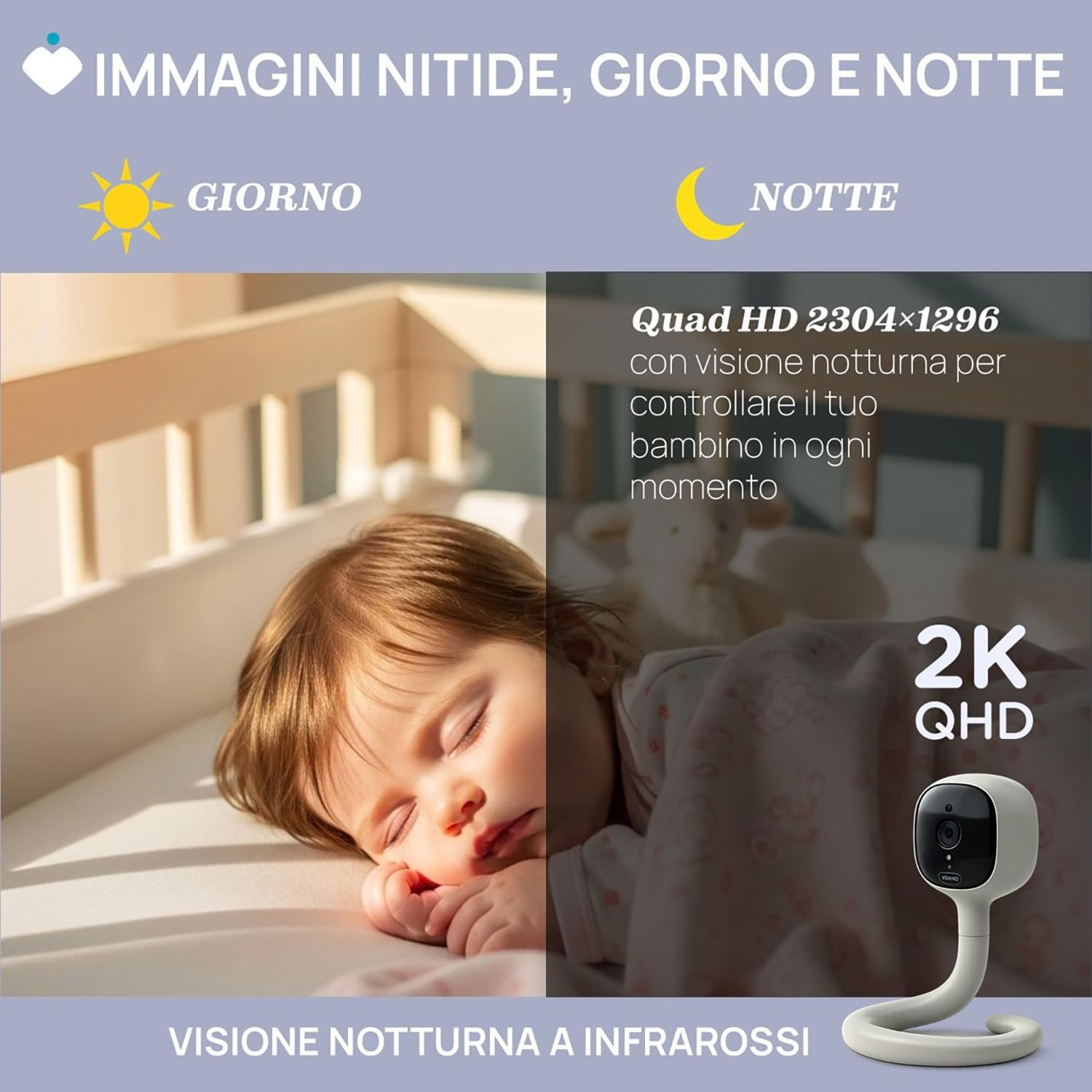 Chicco Wideo Baby Monitor Wi-Fi Smart AI, kamera 2K UHD z nocnym widzeniem na podczerwień, dedykowana aplikacja, wielokolorowe światła, nielanny i białe szumy, wisząca i adaptacyjna