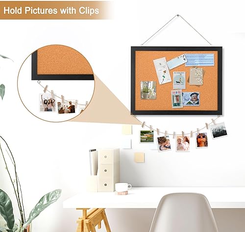 Vista 83 de Tablero de corcho grande de doble cara con lino, tablero de anuncios con marco de madera colgante de 24 x 18 pulgadas, tablero de visión