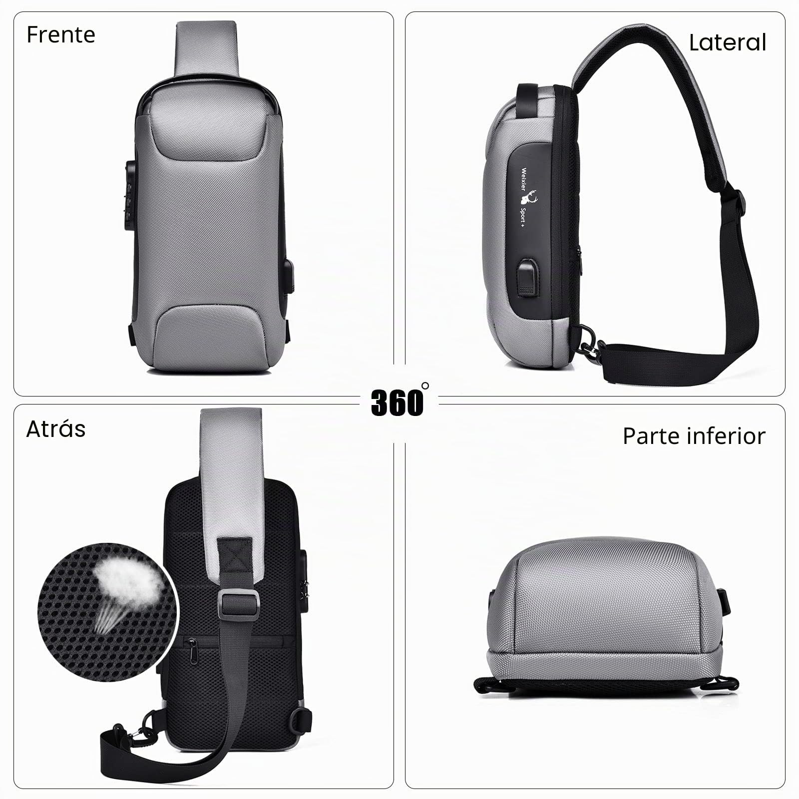 FANDARE Antirrobo Bolso Hombro Bolsa de Pecho Bandoleras Cruzada con USB Bandolera Bolsos Bandolera para Hombres Mujer Escolar Senderismo Viaje Multibolsillos Sling Crossbody Bag Poliéster Negro