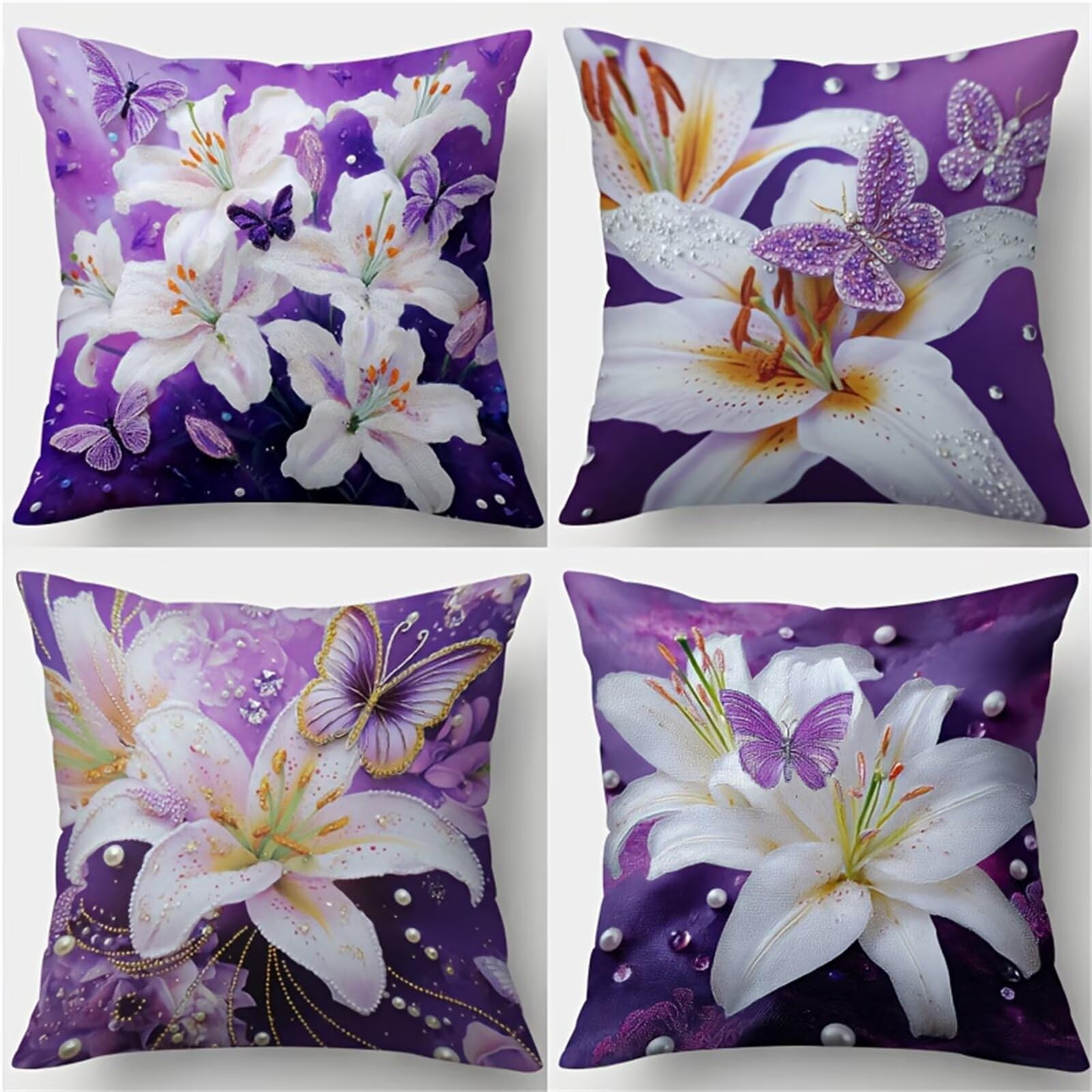 QiHon Cushion Covers 45x45 cm Set of 4 White Lilies Linen Square Pillow Cases 18x18 inch Modern Decorative Throw Pillow Covers for Sofa Couch Bedroom Home Office with Invisible Zipper