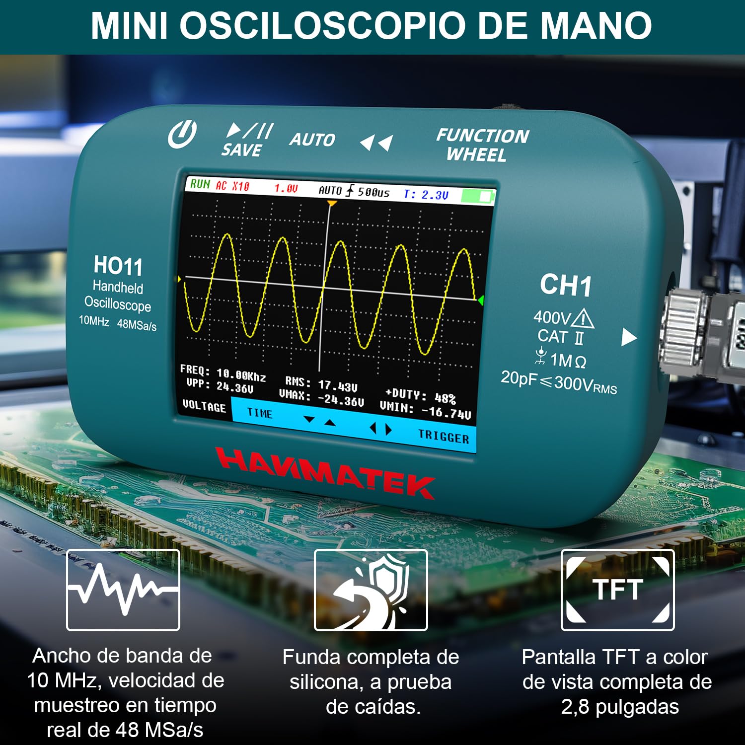 HANMATEK Osciloscopio Digital Portátil, Ancho de Banda de 10MHz, Muestreo de Alta Precisión de 48MSa/s, Pantalla TFT de 2,8", Recargable por USB, Sistema de Disparo Avanzado HO11