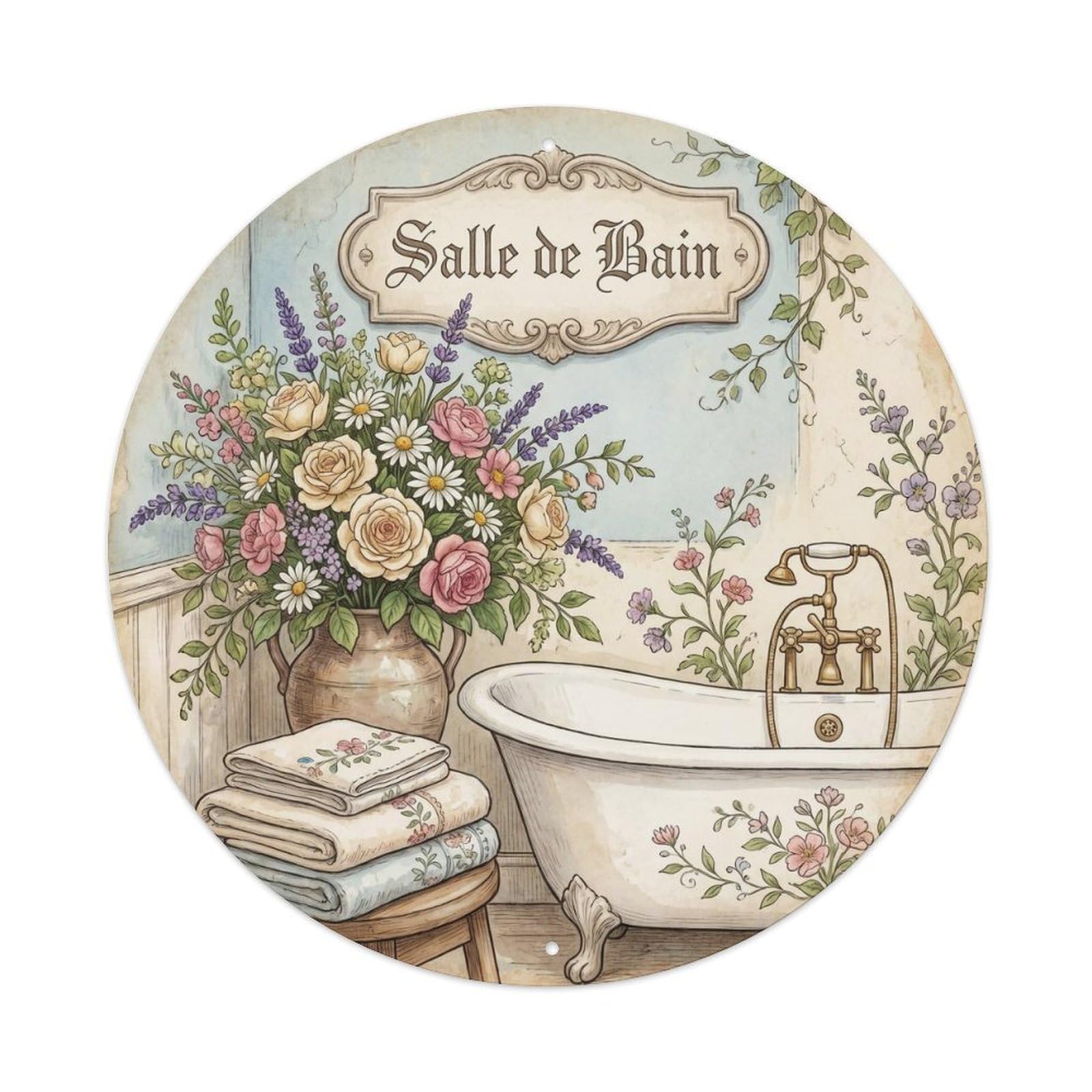 Yrnq Vintage Style Salle Floral Romantic Bathroom Wall Vintage Metal Tin Sign Plaque Wall Decor For Cafe, Club, Garden Round Metal Poster 8X8inch