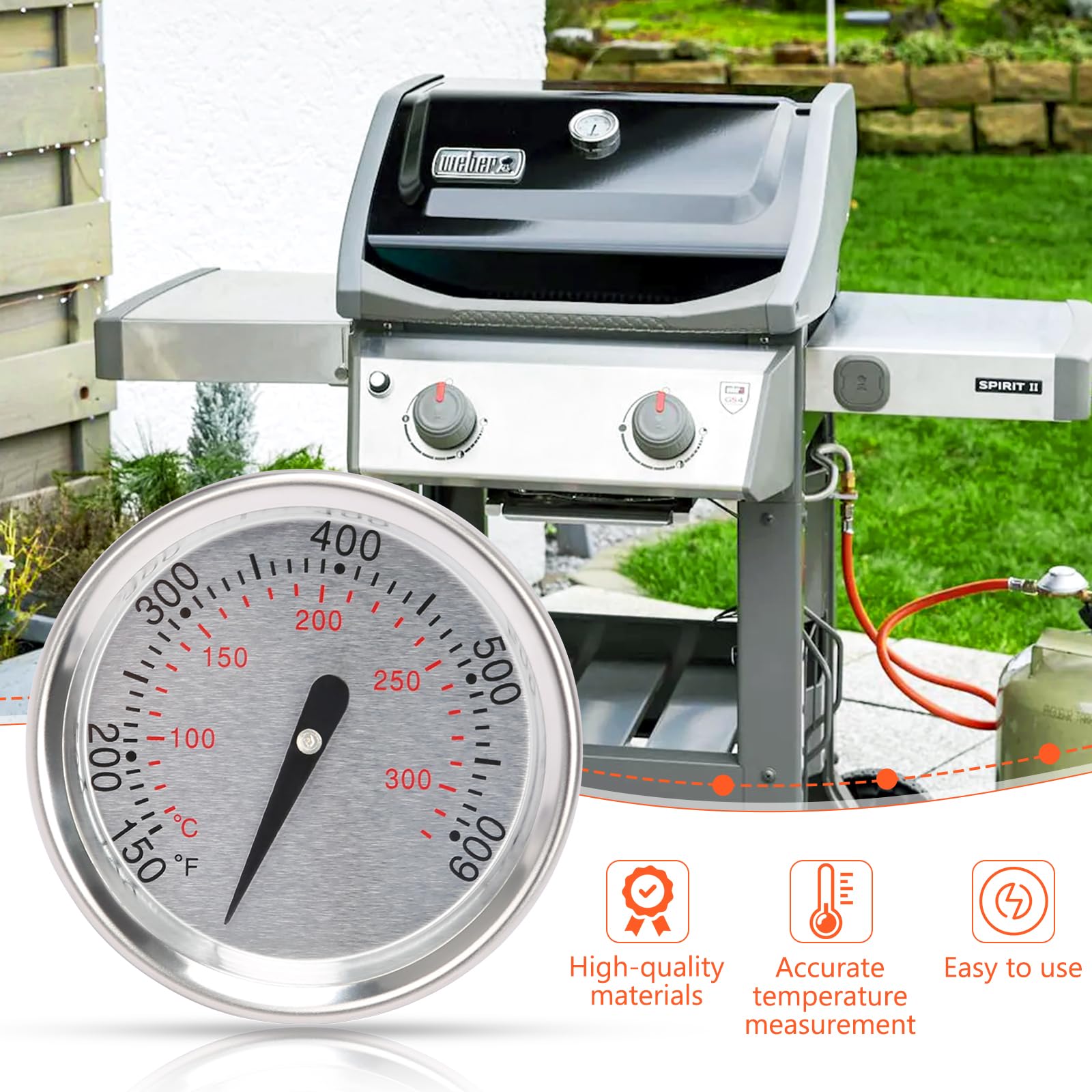 QuliMetal 60540 67031 - Termómetro de parrilla de repuesto para Weber Charcoal, GS4 Spirit II & I 200/300, Q Series, 7581 medidor de temperatura preciso para parrilla Weber Spirit E/S 210, 220, 310,