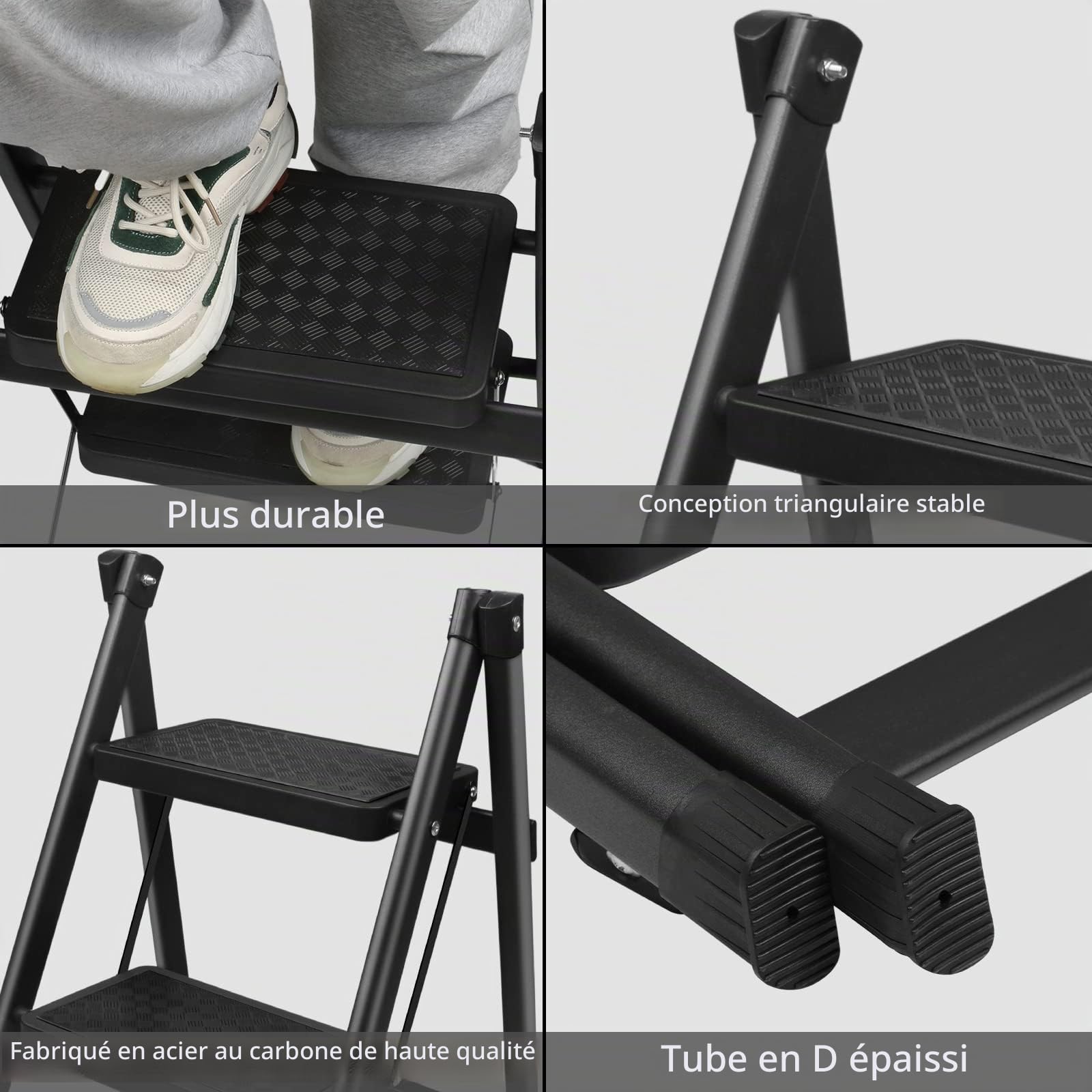 Escabeau 2 Marches Pliable, Échelle Domestique en Acier Marchepieds Pliant Portable, Largeur de Marche 20 cm Antidérapant, Charge Max 250 kg, pour Maison, Cuisine, Bureau, Bibliothèque, Noir